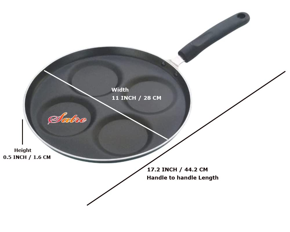 Non-Stick Aluminum 4-Cavity Appam/Uttapam/Dosa Pan with Round Side Handle - Perfect for Indian Breakfast Cooking - Ideal for Home Kitchens & Restaurants (Black)