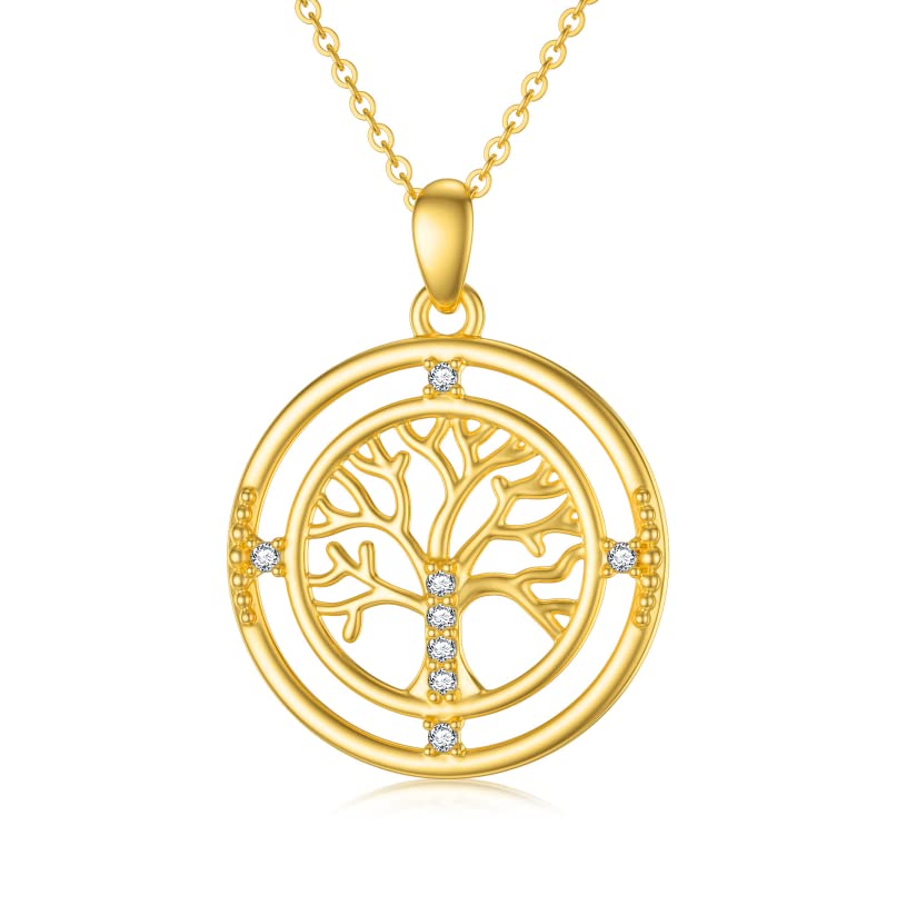 14K Real Gold Tree of Life Necklace for Women - Yellow Gold Family Tree Pendant with Cubic Zirconia - Elegant Jewelry Gift for Birthday, Christmas, Anniversary - 16+1+1 Inch - Perfect for Everyday Wear, Special Occasions & Meaningful Gifts