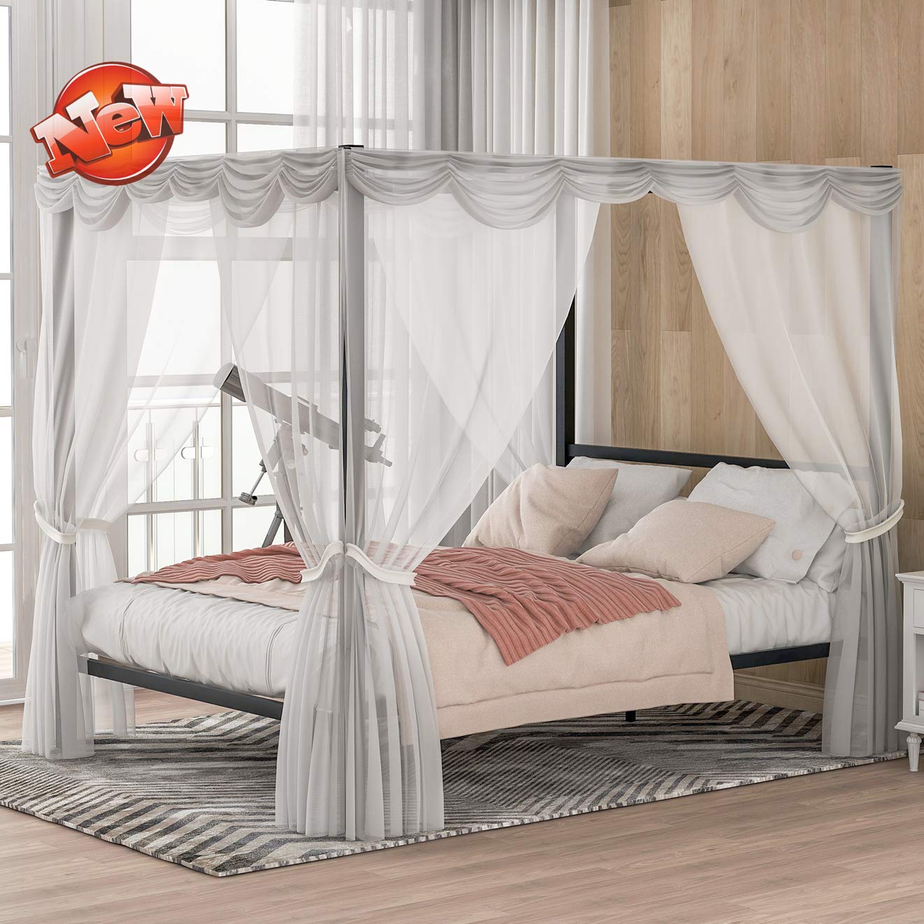 Modern 4-Post Metal Canopy Bed Frame with Headboard - Queen Size Platform Bed for Kids, Teens & Adults - No Box Spring Needed - Sturdy Black Metal Frame - Perfect for Bedrooms, Guest Rooms & Dorm Decor