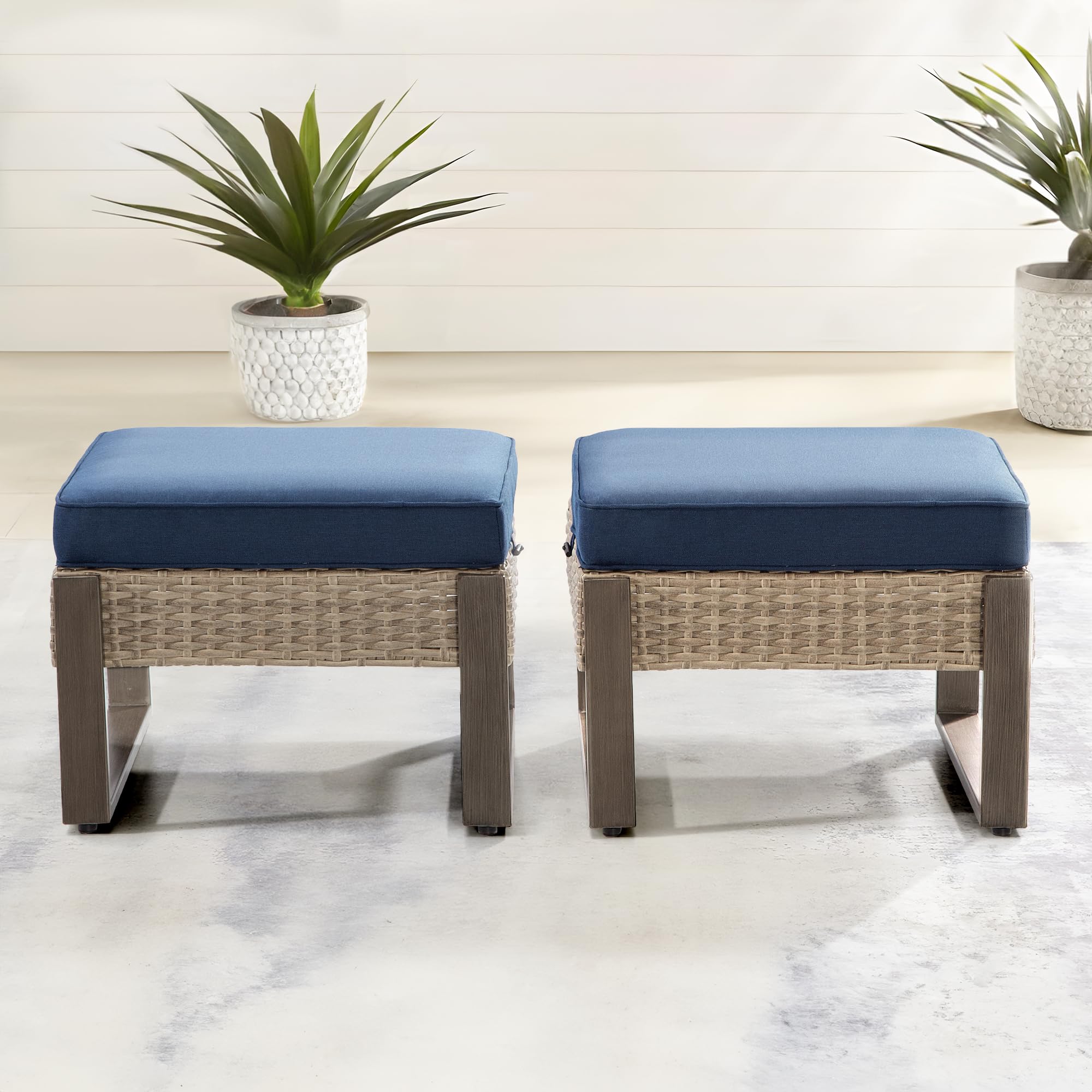 2-Piece Outdoor Patio Ottoman Set - All-Weather PE Rattan Footstools with Removable Cushions & Rust-Proof Steel Frame - Perfect for Garden, Backyard, Porch & Deck (Dark Blue) - Great for Relaxing, Entertaining & Outdoor Lounging
