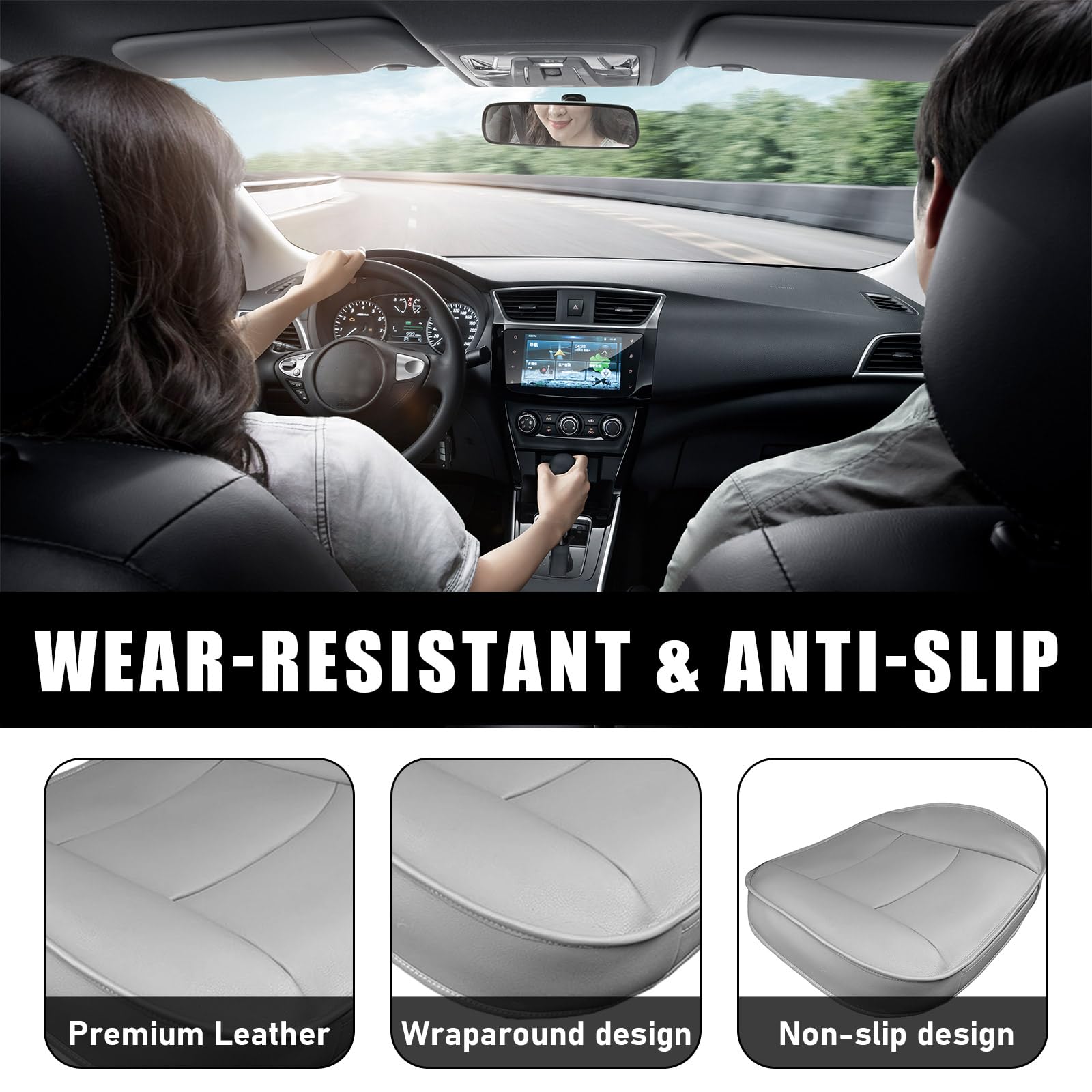 Premium PU Leather Car Seat Bottom Cover - Universal Anti-Slip Seat Protector Pad for Sedan, SUV & Truck - Protects Seats from Wear & Stains - Perfect for Commuting, Road Trips & Family Travel (Gray)