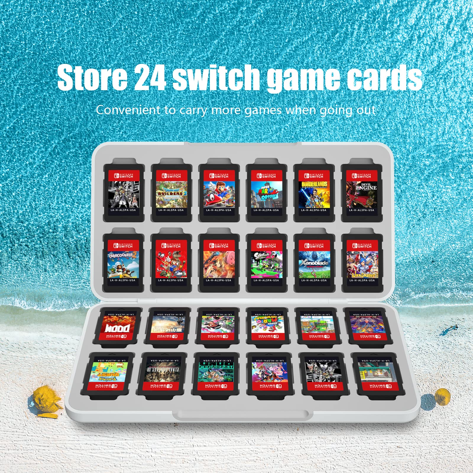 Nintendo Switch and Switch OLED Game Card Holder - 24 Game Slots & Micro SD Storage - Waterproof Sea Themed Cartridge Case for Travel & Home Organization