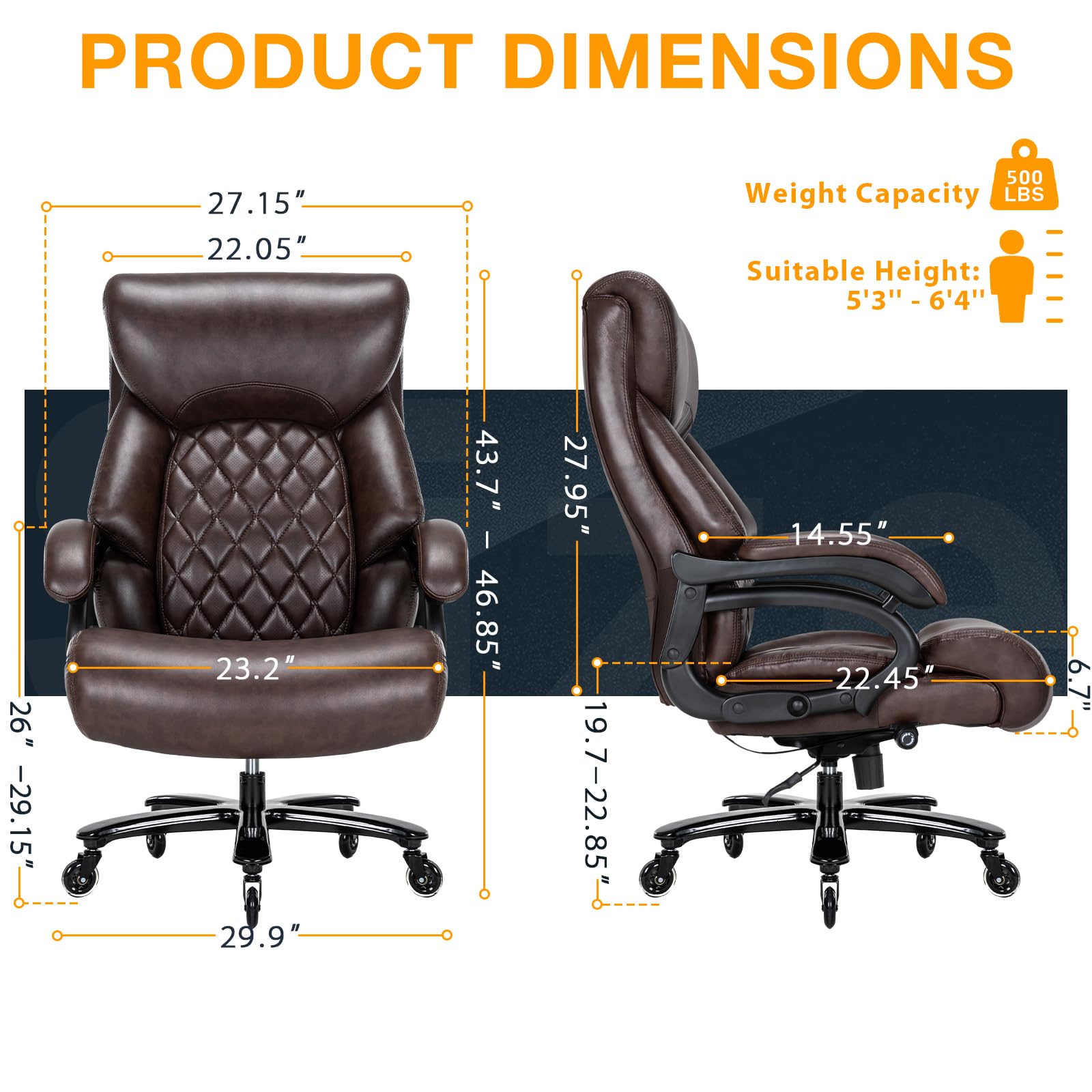Big and Tall Office Chair for Heavy People up to 500LBS - High Back Extra Wide Executive Chair with Adjustable Lumbar Support - Heavy Duty Ergonomic Computer Desk Chair for Home Office - Brown (Perfect for Large Workspaces & Long Working Hours)