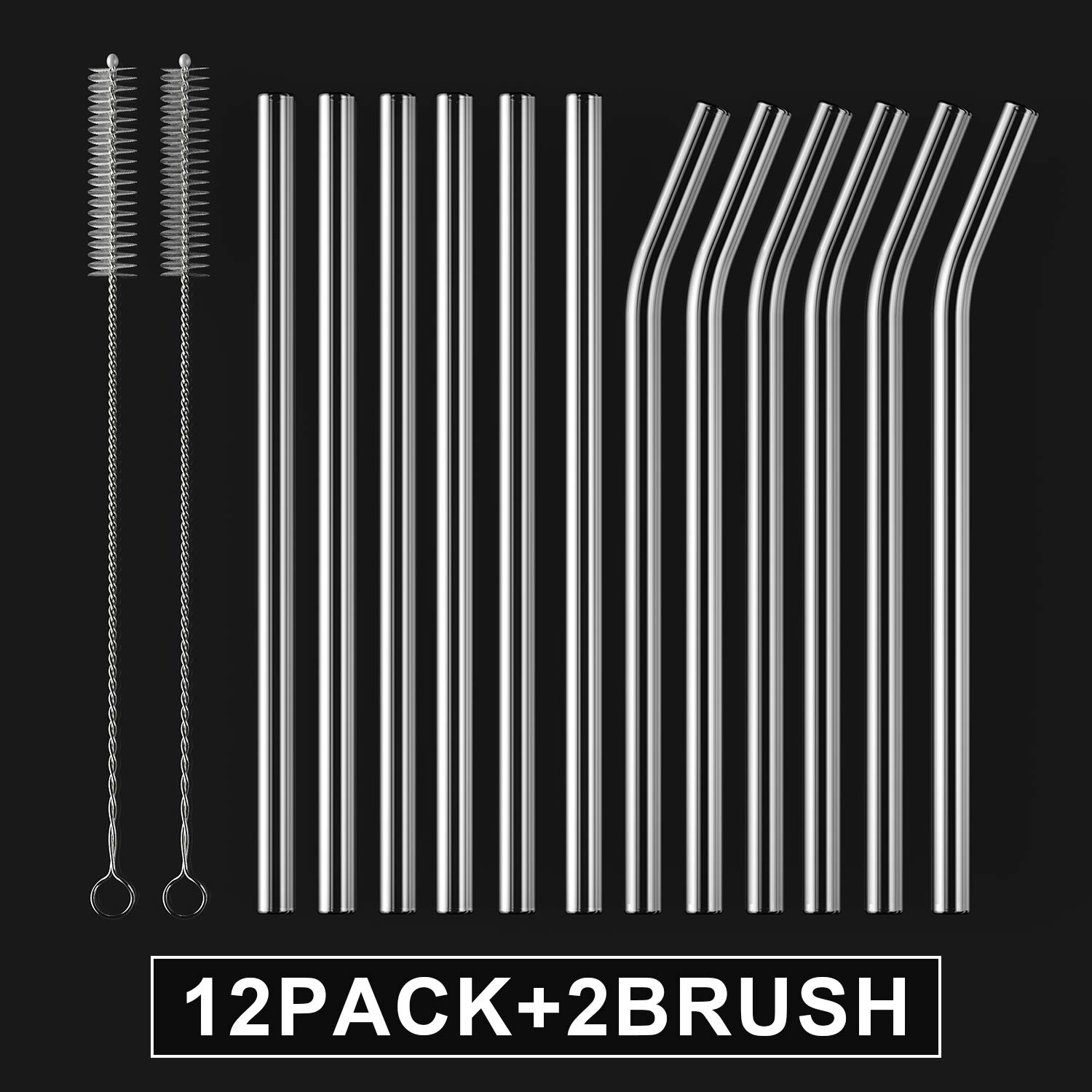 12-Pack Reusable Glass Straws - 6 Straight & 6 Bent with Brushes for Smoothies, Juice, Tea