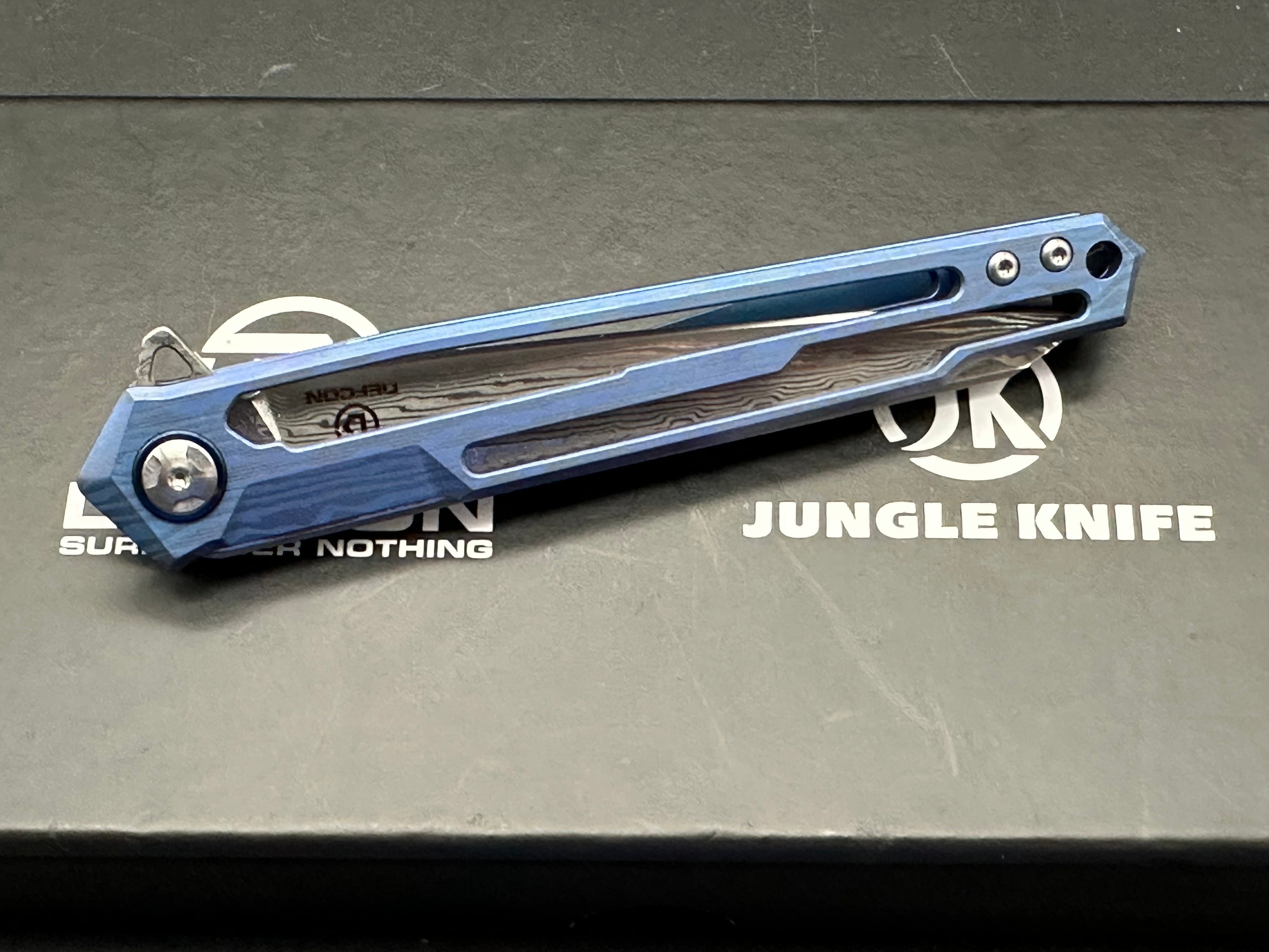 DEFCON Peregrine Framelock Folding Knife - Blue Titanium Handle with Damascus Steel Blade | EDC, Outdoor Survival, Camping & Tactical Use