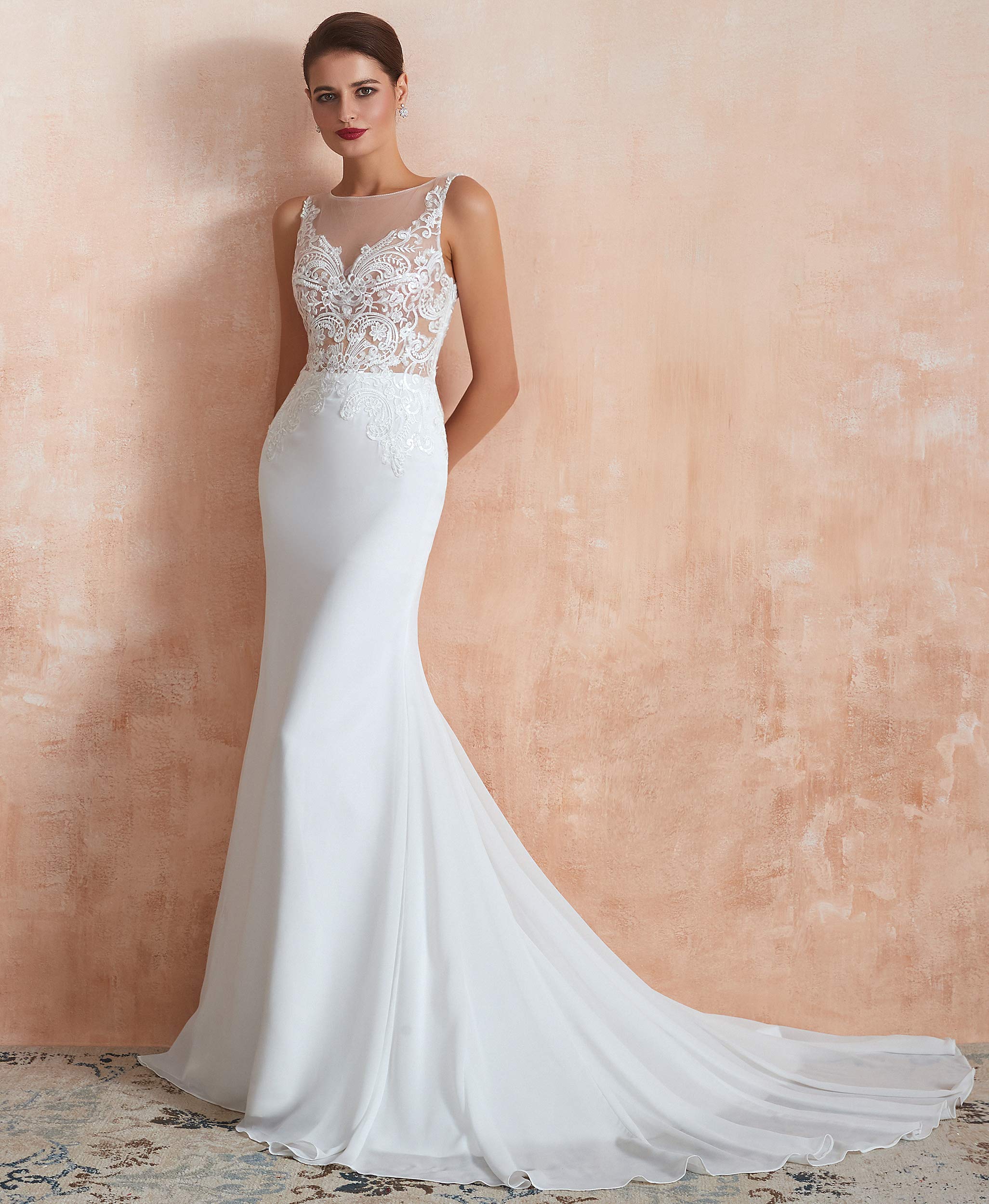 Elegant Women's Jewel Applique Sweep-Train Mermaid Chiffon Wedding Dress - Perfect for Beach Weddings, Formal Ceremonies & Bridal Photoshoots