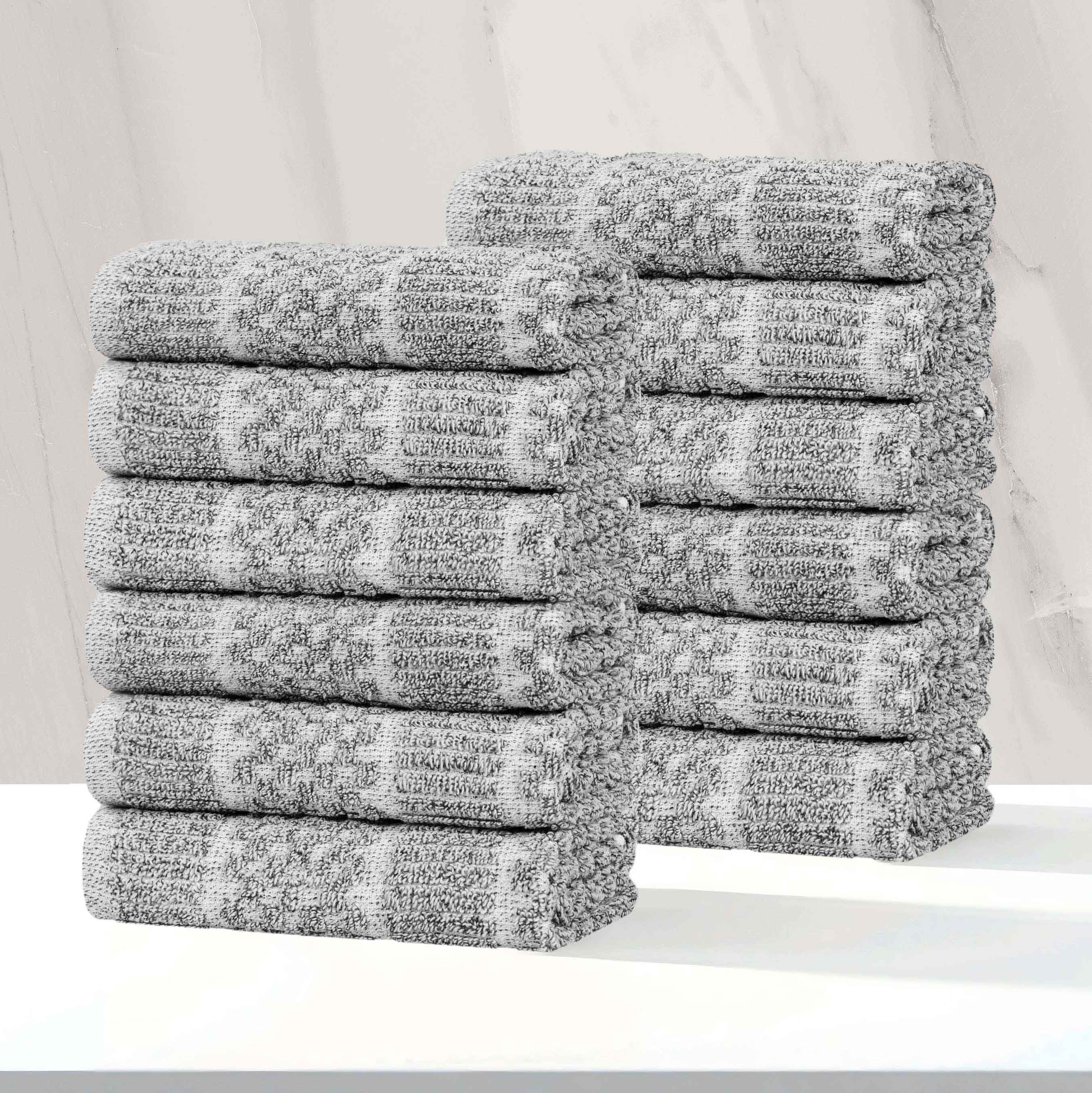 12-Pack Naples Cotton Blend Checkered & Ribbed Face Towels | Soft & Absorbent Bath & Hand Towels for Home, Gym, Spa & Travel