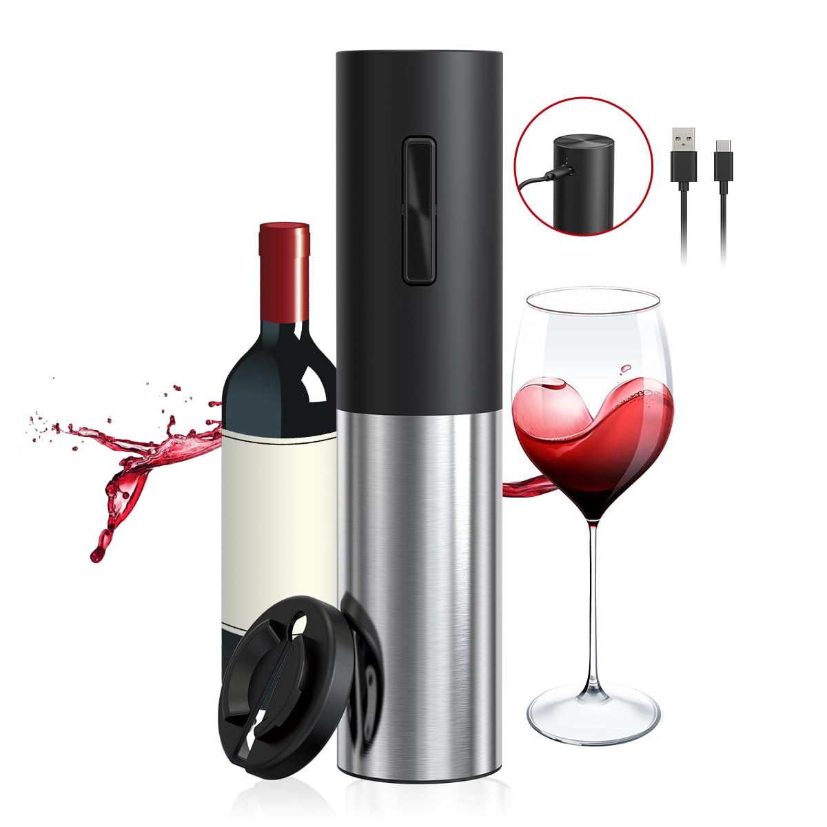 Rechargeable Electric Wine Bottle Opener - Automatic Wine Opener with Foil Cutter, Stainless Steel Charging Model - Perfect Wine Gift for Home, Parties & Restaurants