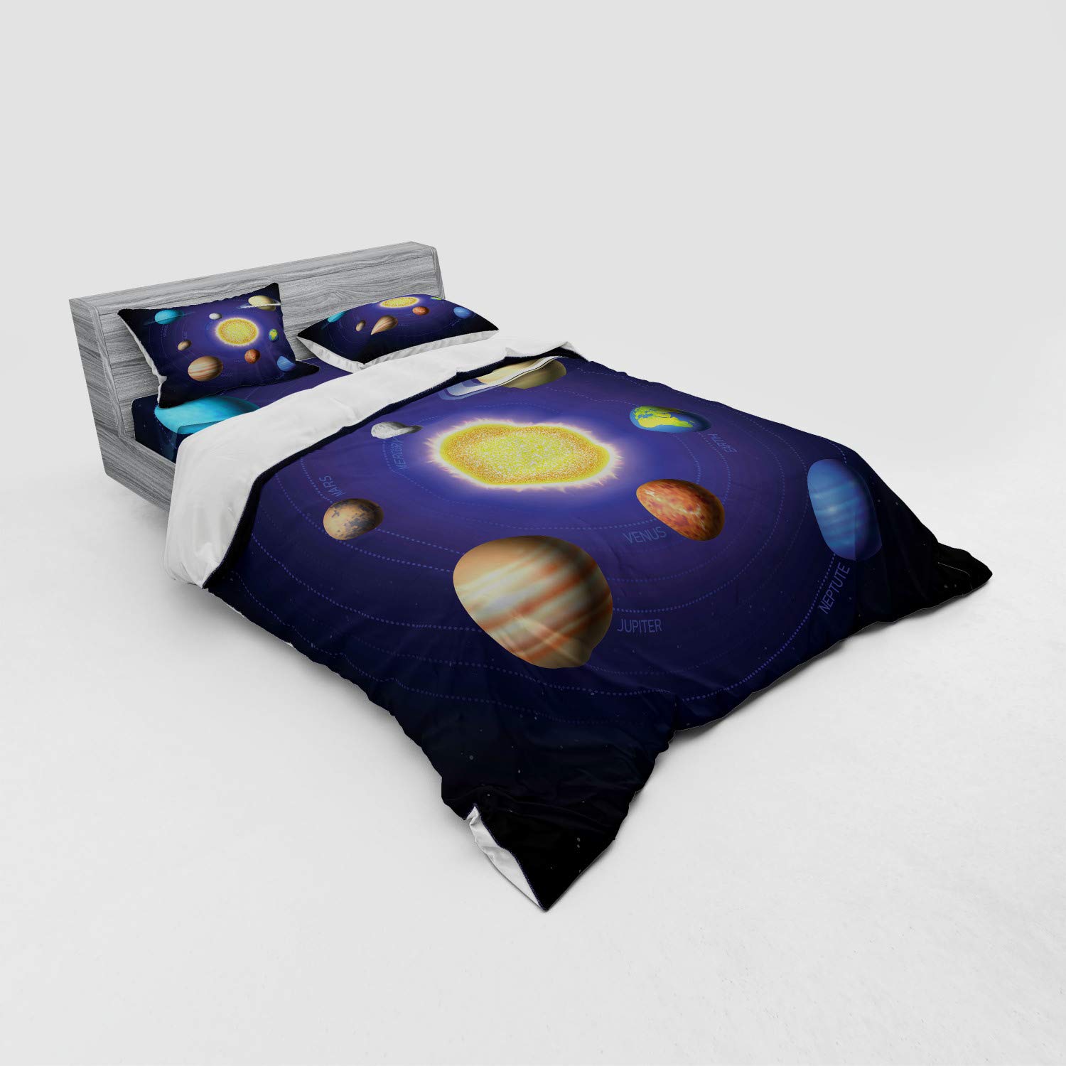Ambesonne Solar System Bedding Set - 4 Piece Queen Size Duvet Cover with Shams & Fitted Sheet, Galaxy Print Space Theme for Science Lovers - Perfect for Astronomy Themed Bedrooms & Kids' Space Decor