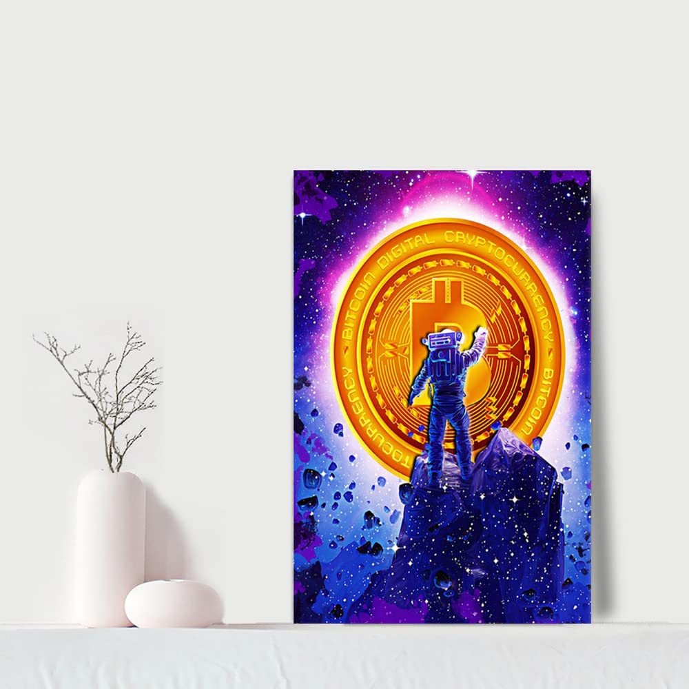 Golden Bitcoin Astronaut Motivational Wall Art - 12x16 Inch Framed Office Decor, Inspirational Poster for Living Room, Bedroom & Workspace | Modern Pop Art, Easy to Hang | Perfect for Home Office, Man Cave & Crypto Enthusiast Spaces