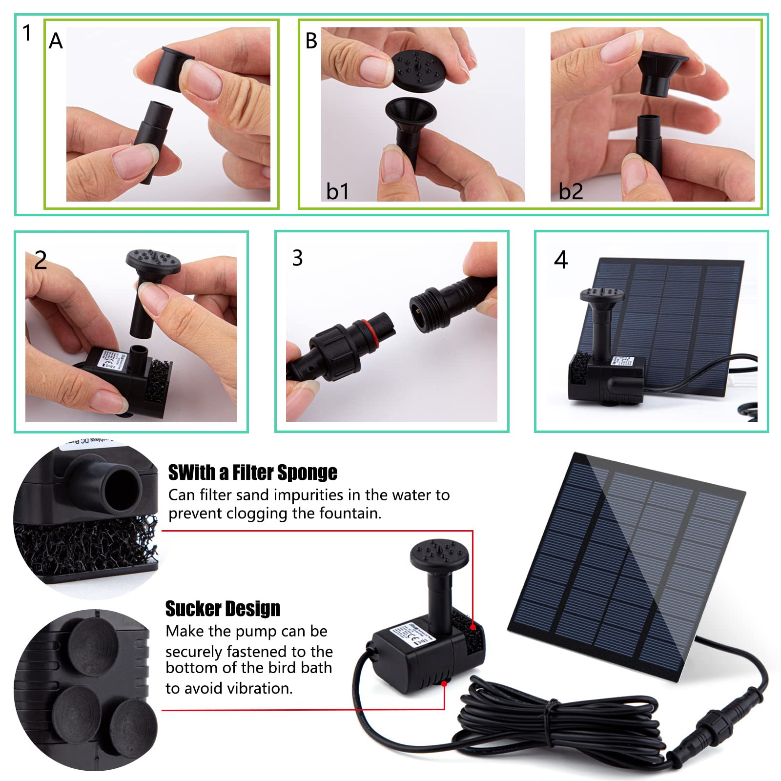 Upgraded 1.8W Solar Fountain Pump Kit with Separate Solar Panel & 3M Cable - Includes 4 Nozzles for Bird Baths, Outdoor Ponds, Fish Tanks, Patio Gardens - Perfect for Outdoor Decor & Water Features (Black)