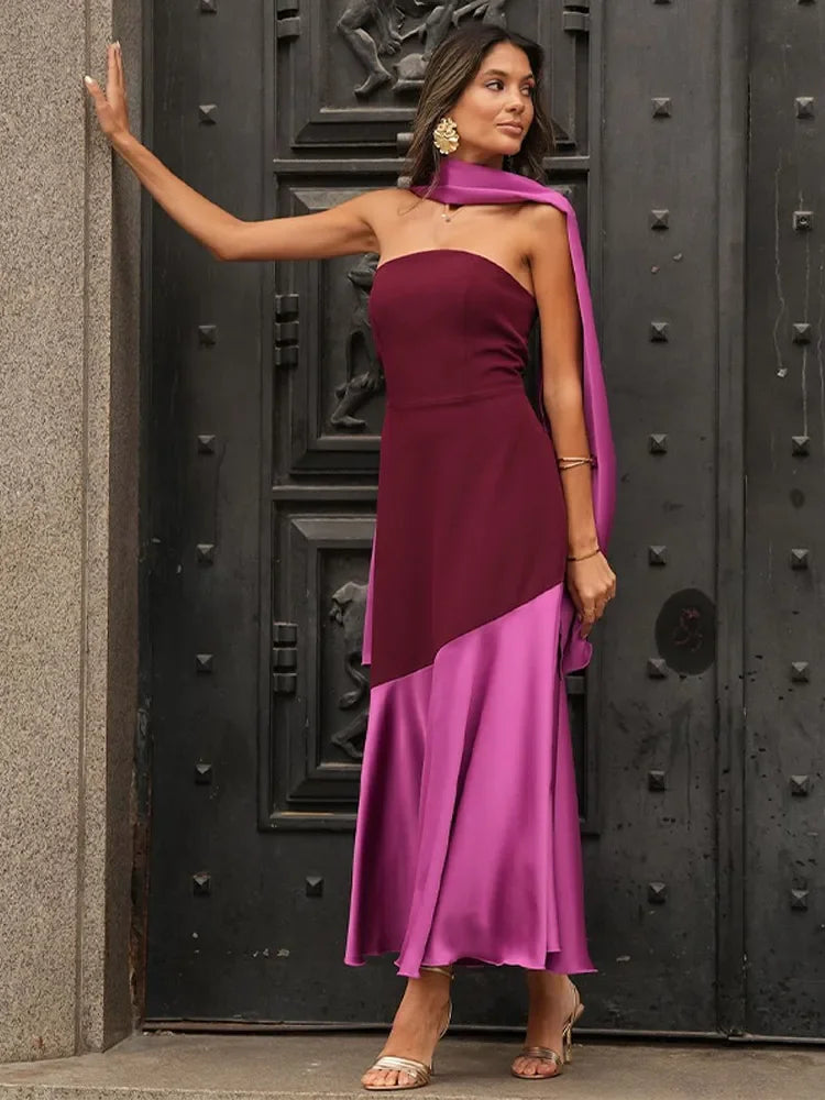 2025 Fashionable Purple Shawl Collar Off-Shoulder Maxi Dress with Contrast Spliced Pleated Hem & Backless Design - Elegant Party Gown for Women | Perfect for Evening Galas, Weddings & Special Occasions