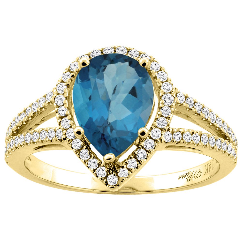 14K Gold Pear Cut London Blue Topaz Ring with Diamond Accents (9x7mm) - Size 5-10 | Elegant Engagement, Anniversary & Gift Jewelry for Women