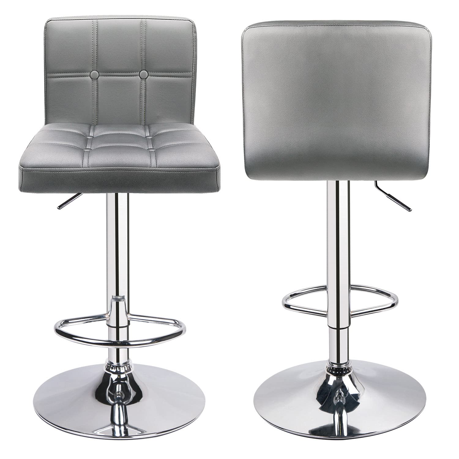 Adjustable PU Leather Bar Stools (Set of 2) - Modern Kitchen Island Counter Stools with Square Back & Double Stitching - Light Grey - Perfect for Breakfast Nook, Dining Area & Home Decor