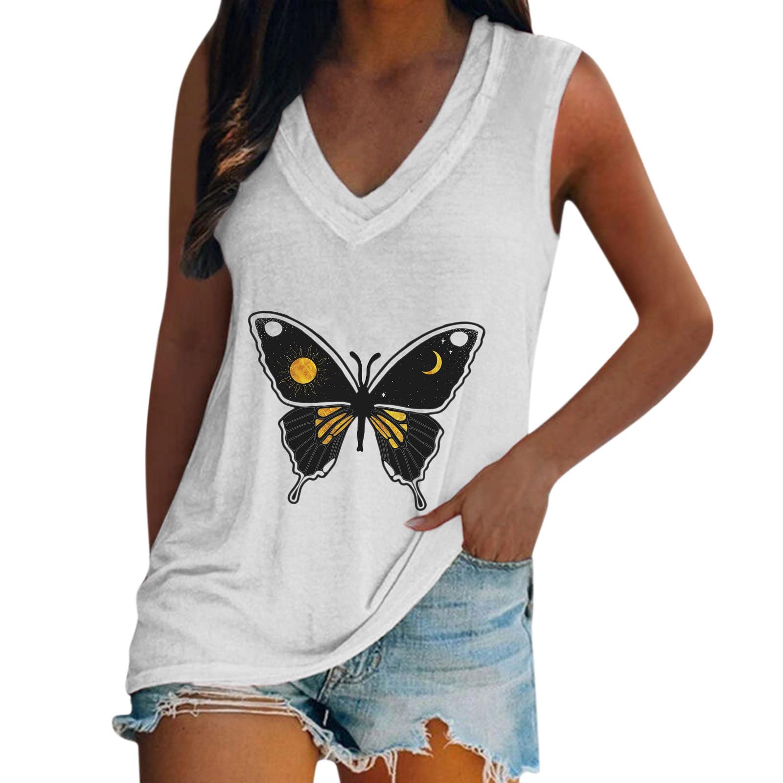 Women's Loose Fit V-Neck Sleeveless Tank Tops - Casual Summer Fashion Print Pullover Shirts for Workout, Beach, and Everyday Wear