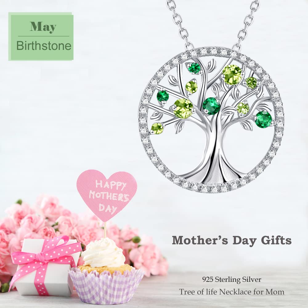 Tree of Life Necklace - 925 Sterling Silver Birthstone Jewelry for Women with Simulated Diamond & Emerald | Perfect Birthday Gift for Wife, Mom, Her | April & May Birthstones | Ideal for Weddings, Anniversaries & Special Occasions