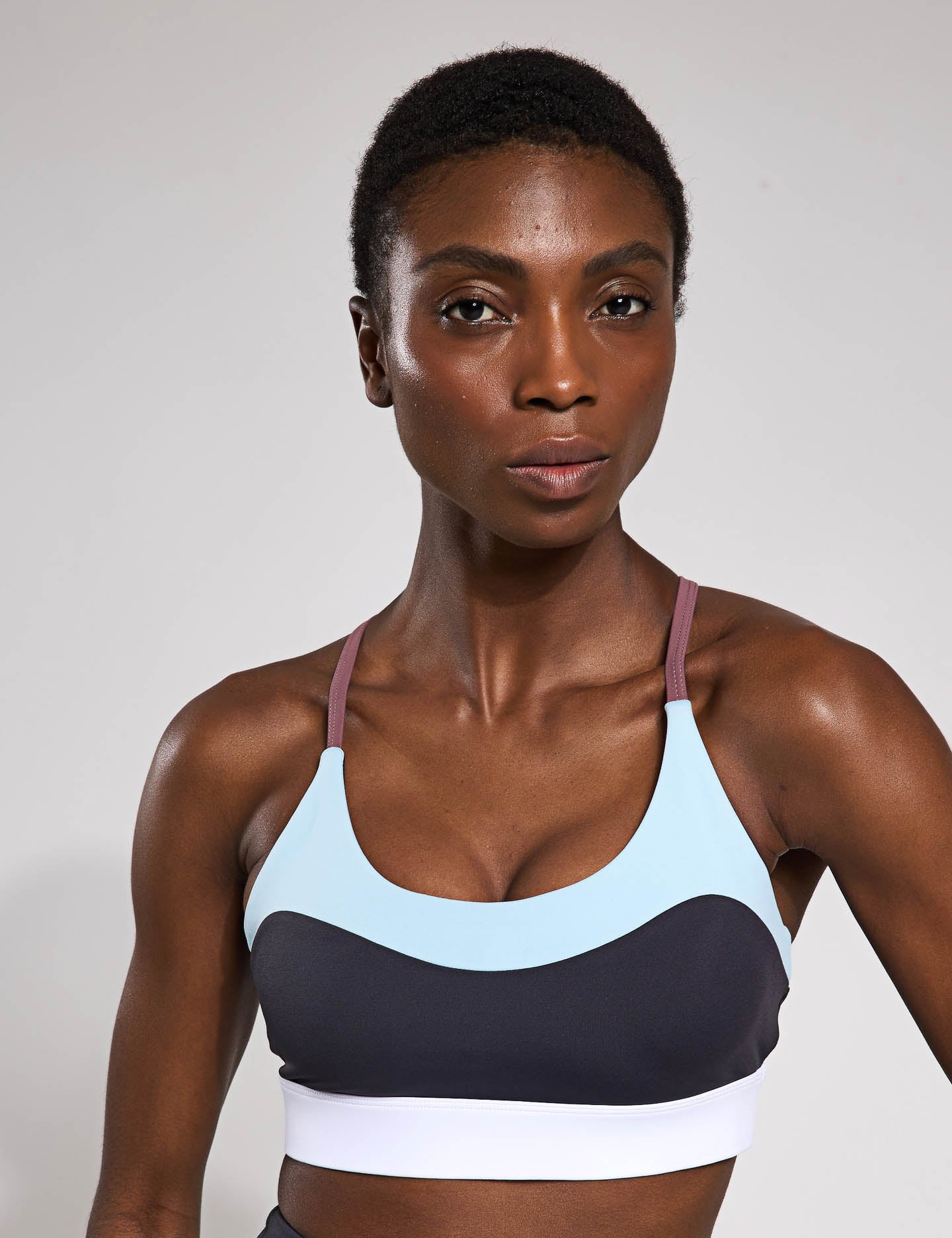 Limitless Sports Bra - High Support Workout Top for Women - Charcoal & Pale Blue - Perfect for Yoga, Running & Gym