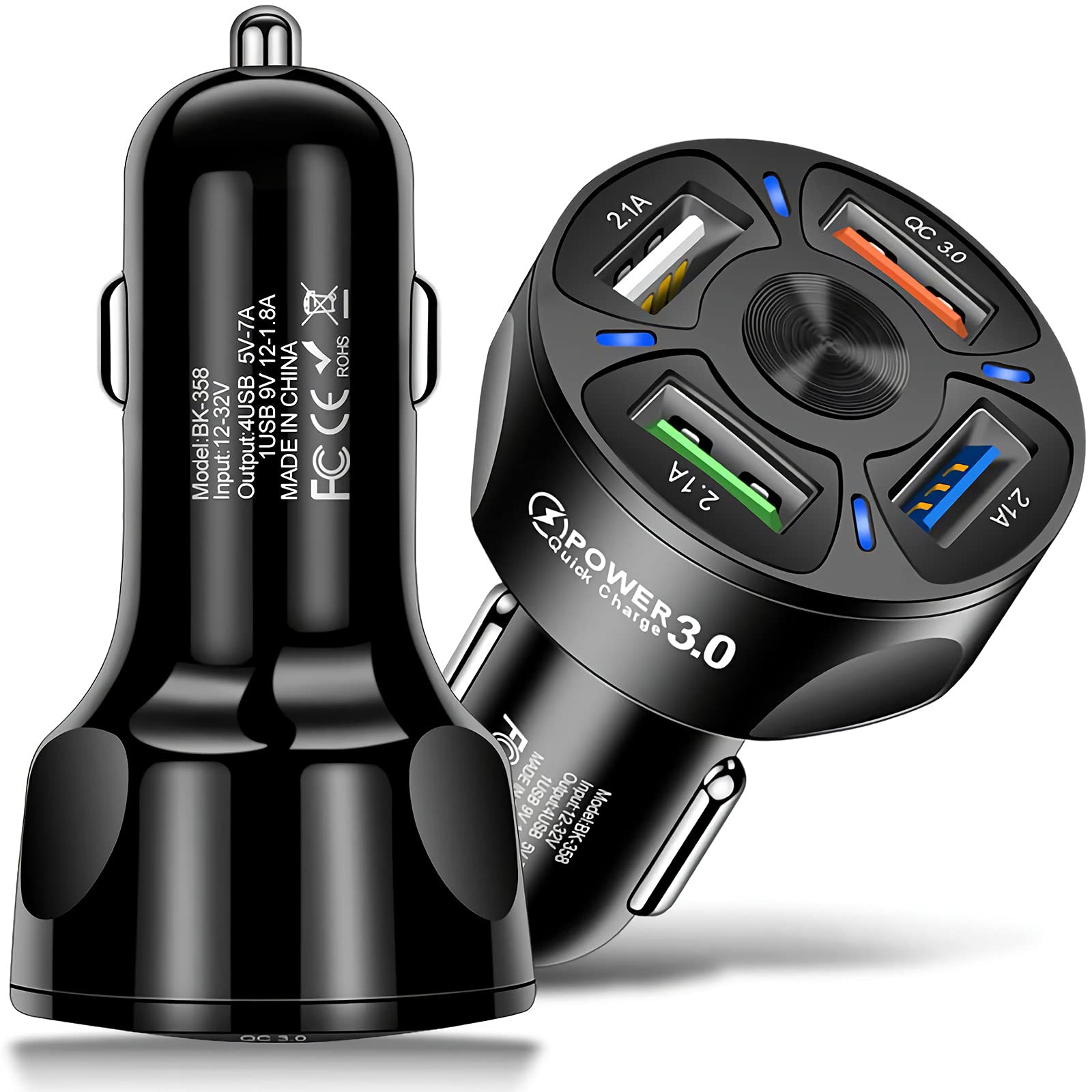 35W Fast Car Charger with QC3.0 & 4 USB Ports - Dual 3A & 1.8A Outputs for iPhone 15/14/13/12/11/X/8, Samsung Galaxy - Compact Cigarette Lighter Adapter for Road Trips & Daily Commute