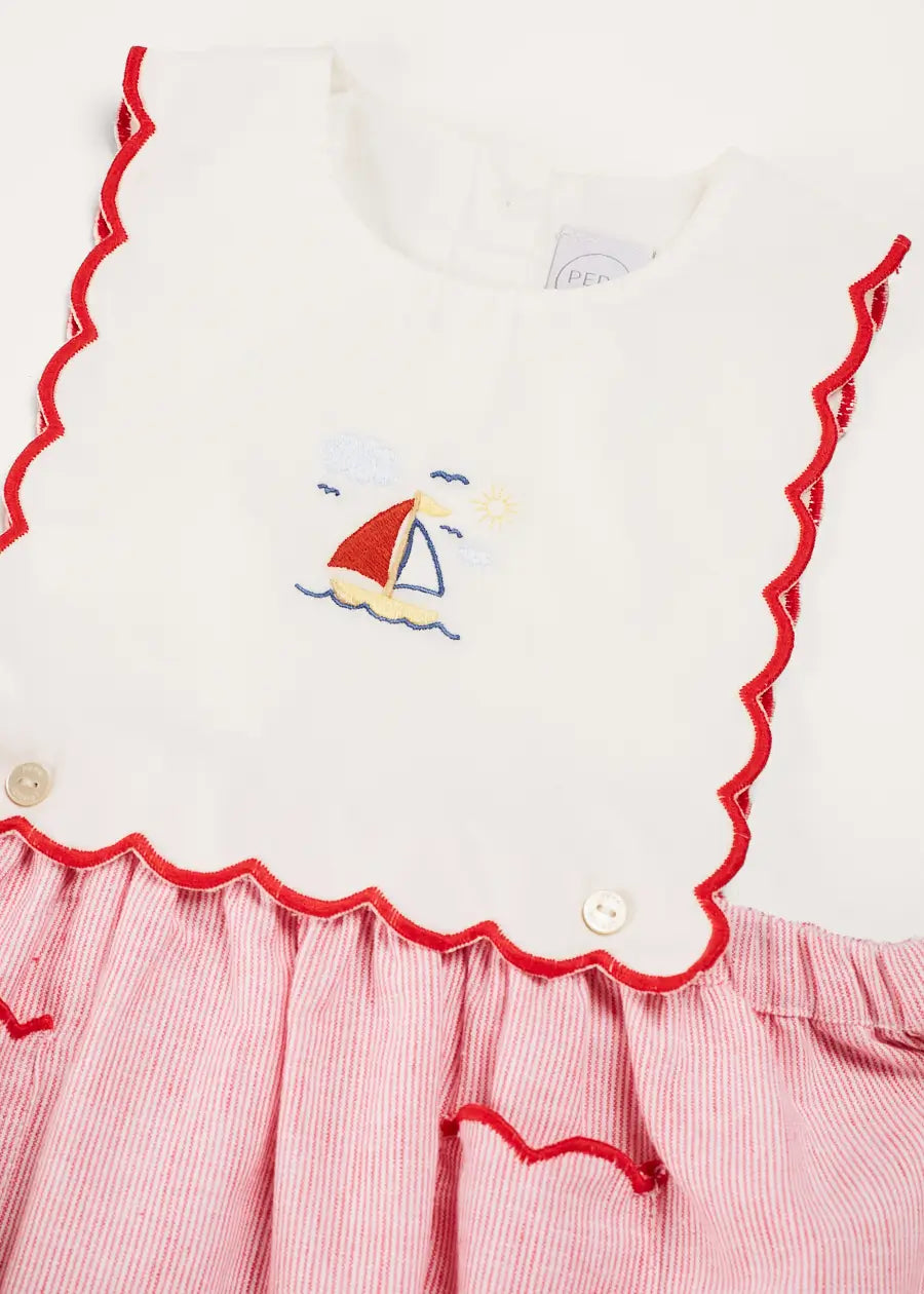 Lawrence Striped Boat Embroidered Scallop Detail Pinafore Skirt for Girls - Red (18 Months to 4 Years) | Perfect for Summer Outfits, Photoshoots & Special Occasions