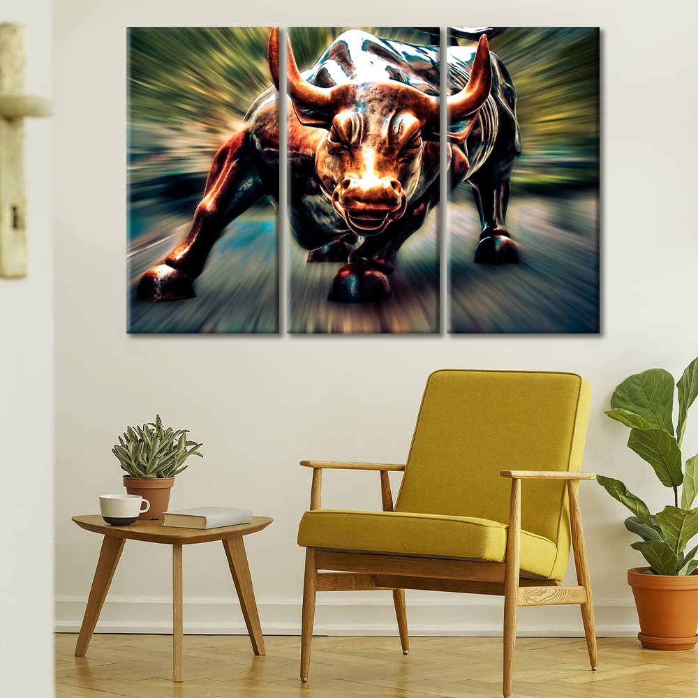 Courageous and Powerful Bull Canvas Wall Art - 3 Panel Framed Painting for Living Room, Bedroom & Office Decor - 36x24 Inches Ready to Hang - Perfect for Modern Home, Office & Man Cave Decor