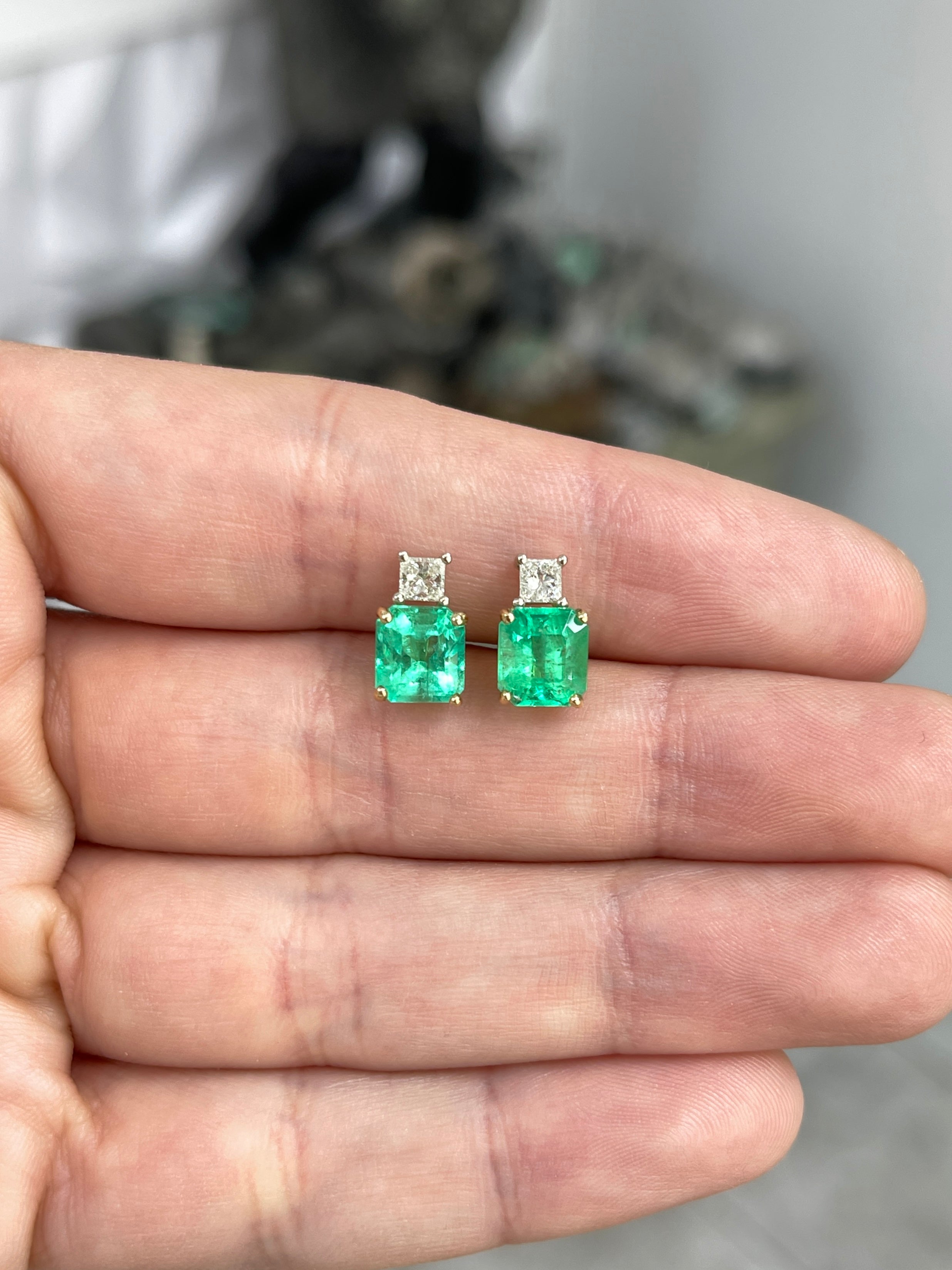 3.10tcw GIA Certified Colombian Emerald & Princess Cut Diamond Earrings in 18K Two-Tone Gold – Perfect for Weddings, Anniversaries & Special Occasions