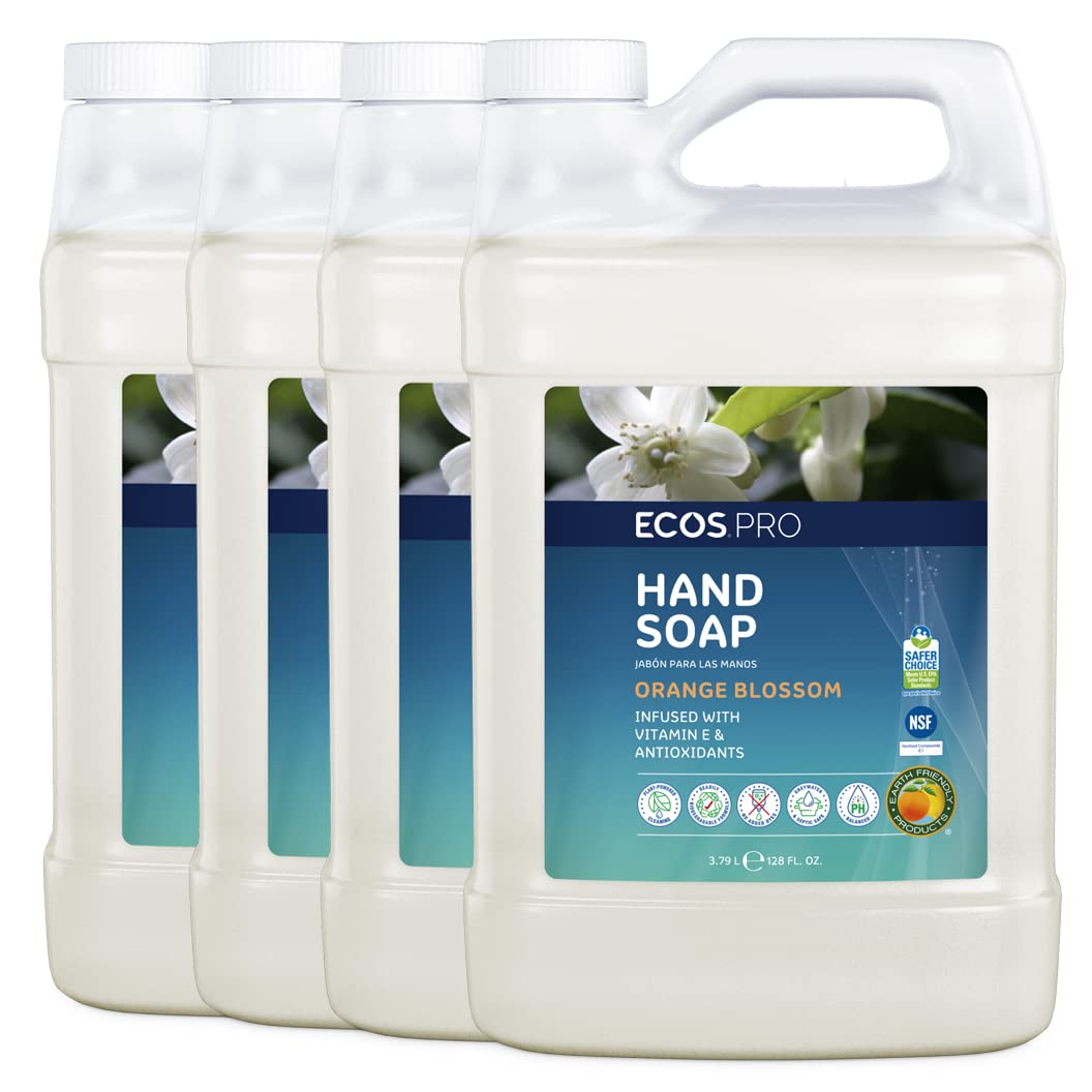 ECOS PRO Hypoallergenic Hand Soap Refill - 1 Gallon (128 Fl Oz) Pack of 4 | Vitamin E & Antioxidant Enriched | Biodegradable & Made in USA | Orange Blossom Scent | Ideal for Homes, Offices & Commercial Use
