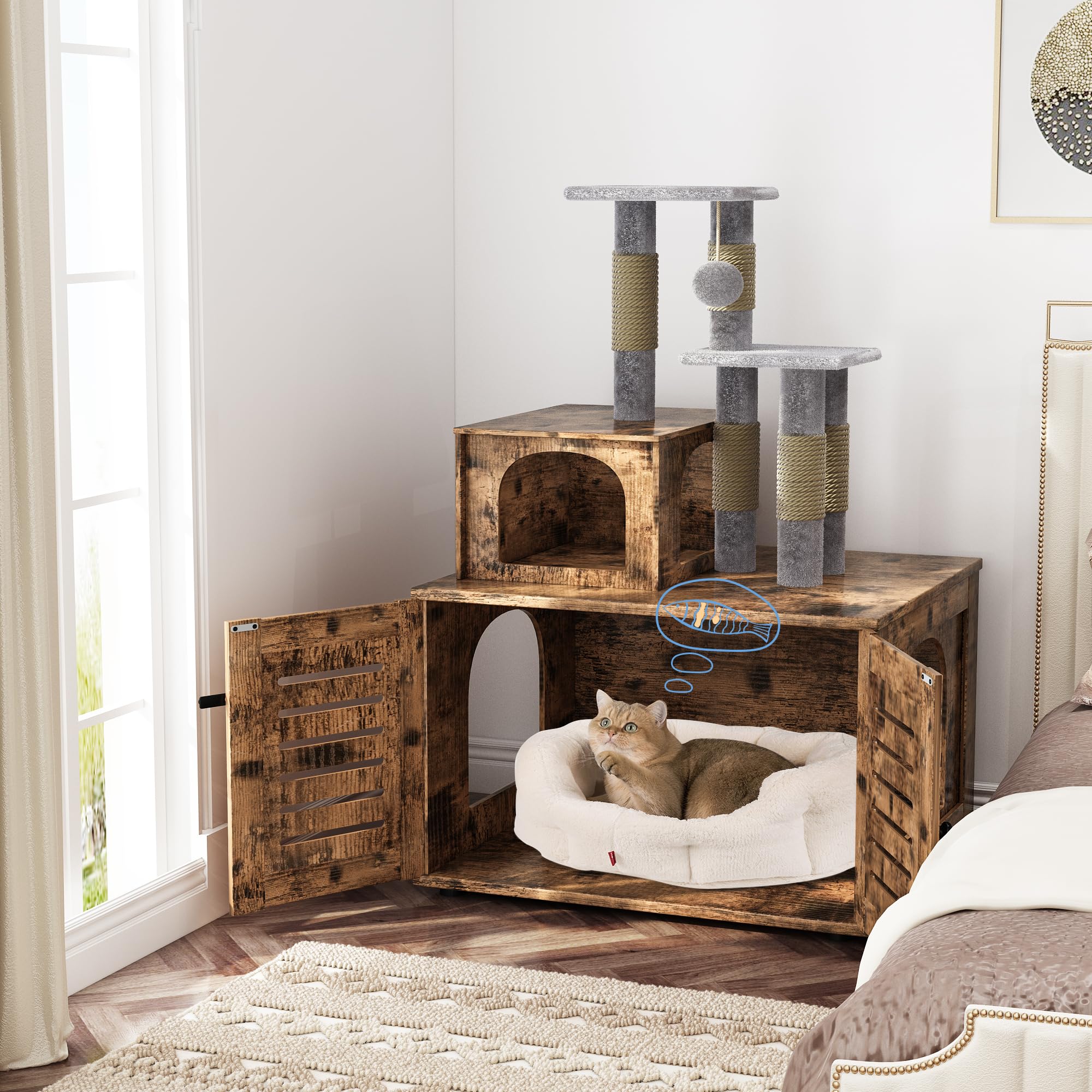 DKLGG Large Wooden Cat Tree with Hidden Litter Box Enclosure - Multi-Level Cat Condo with Sisal Scratching Posts, Plush Perch & Washroom Divider - Perfect for Indoor Cats Play, Rest & Privacy Needs