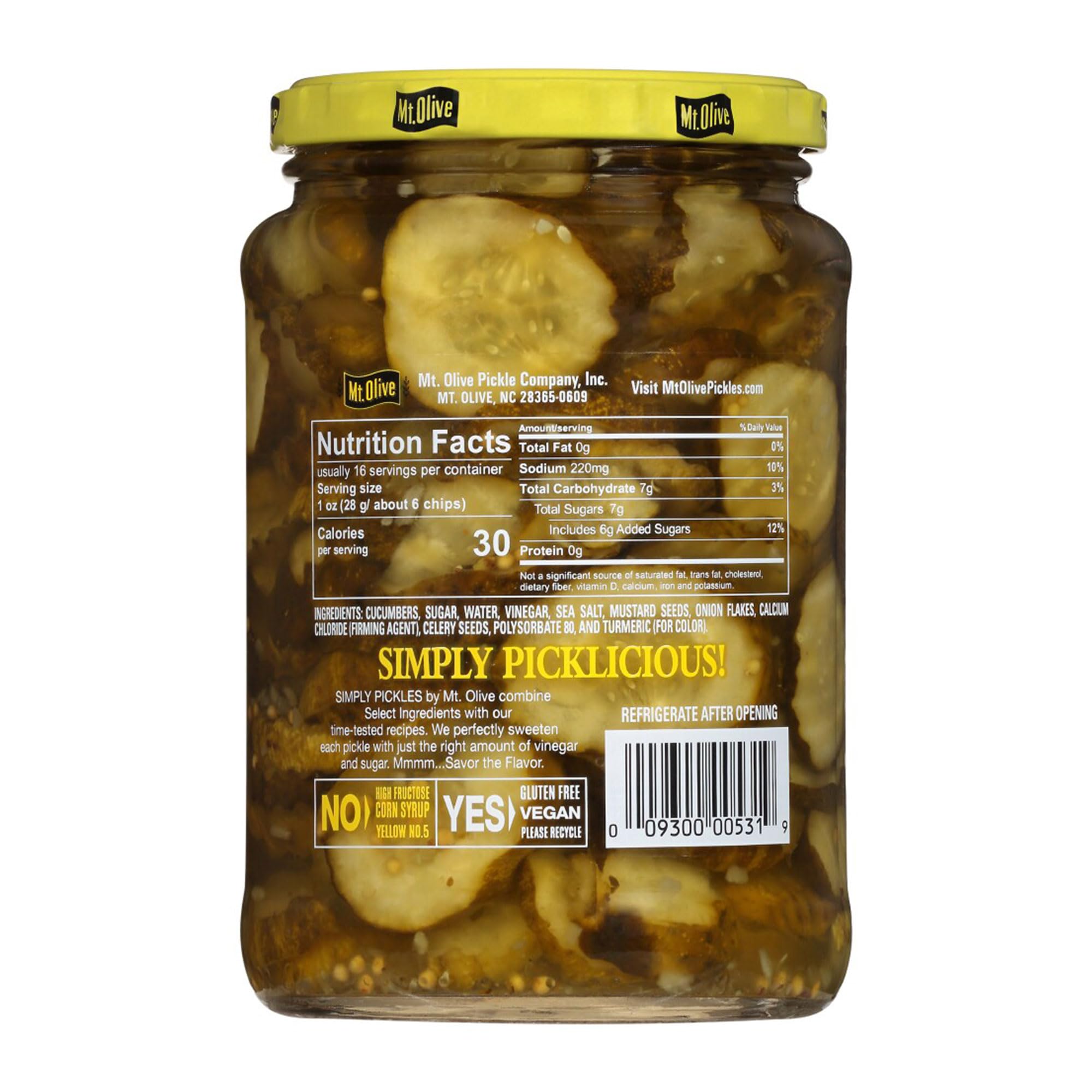 MT Olive Simply Pickles Bread & Butter Chips 24 oz - Sweet & Tangy Pickle Slices for Sandwiches, Burgers & Snacking - Perfect for BBQs, Picnics & Charcuterie Boards