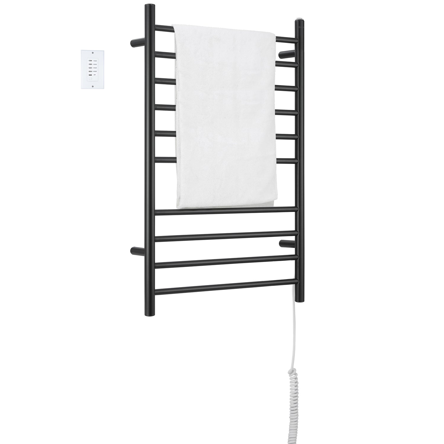 Ancona Novara 10 Bar Matte Black Wall Mounted Towel Warmer with Timer - Bathroom Heated Towel Rack for Spa, Luxury Home & Hotel Use