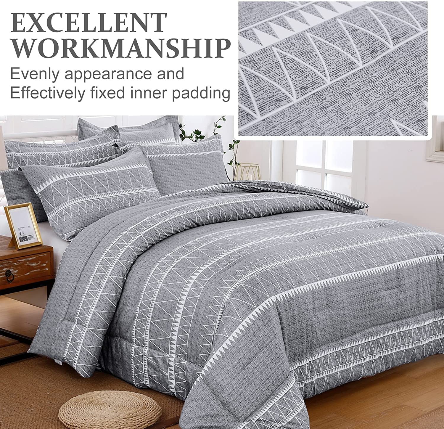 WONGS BEDDING Grey California King Comforter Set - Soft Reversible Microfiber Boho Down Alternative Bedding (3 Piece: Comforter + 2 Pillow Shams) 104