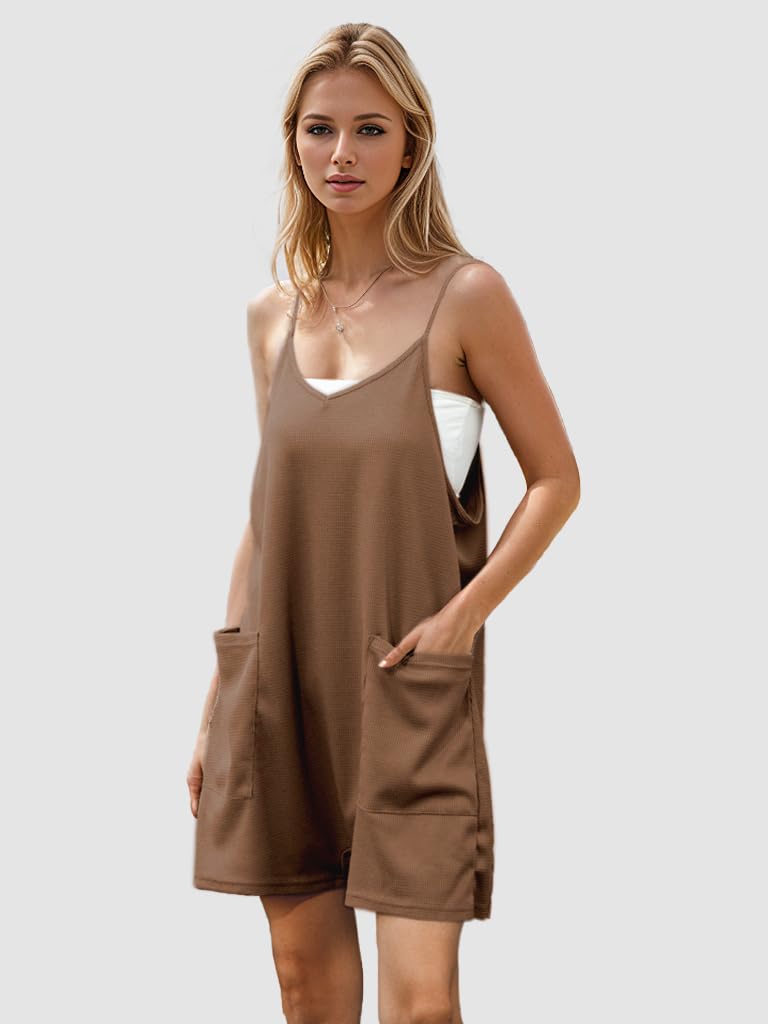Women's Summer Casual Waffle Knit Romper - Loose Fit Spaghetti Strap Sleeveless Jumpsuit with Pockets | Breathable Short Overalls for Beach, Vacation & Outdoor Activities
