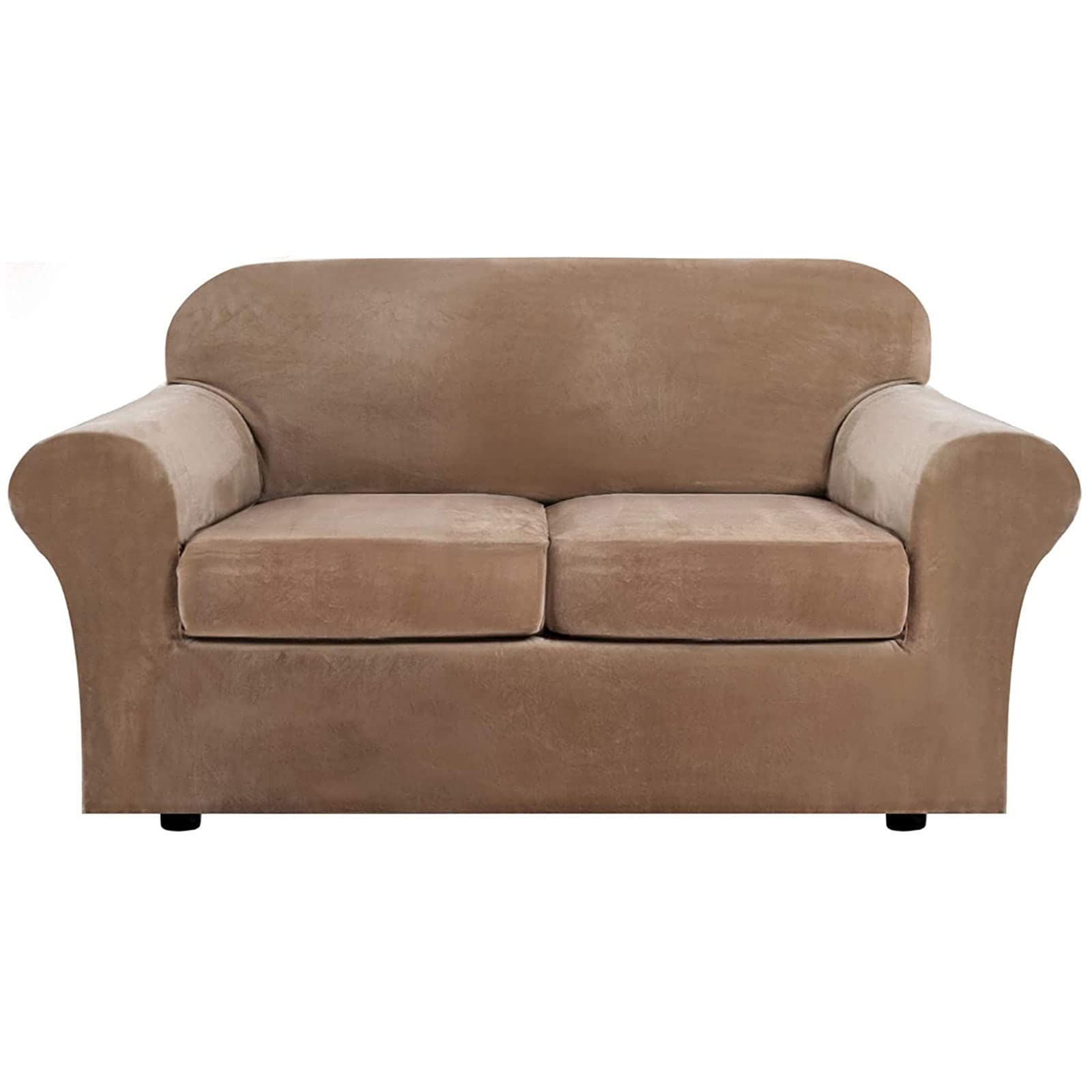 JHLD Stretch Velvet Sofa Cover - Soft Removable 2-Seater Slipcover with Elastic Bottom, Washable Couch Protector for Living Room (Khaki, 3-Piece) - Perfect for Pet Owners with Cats & Dogs, Home Decor Upgrade
