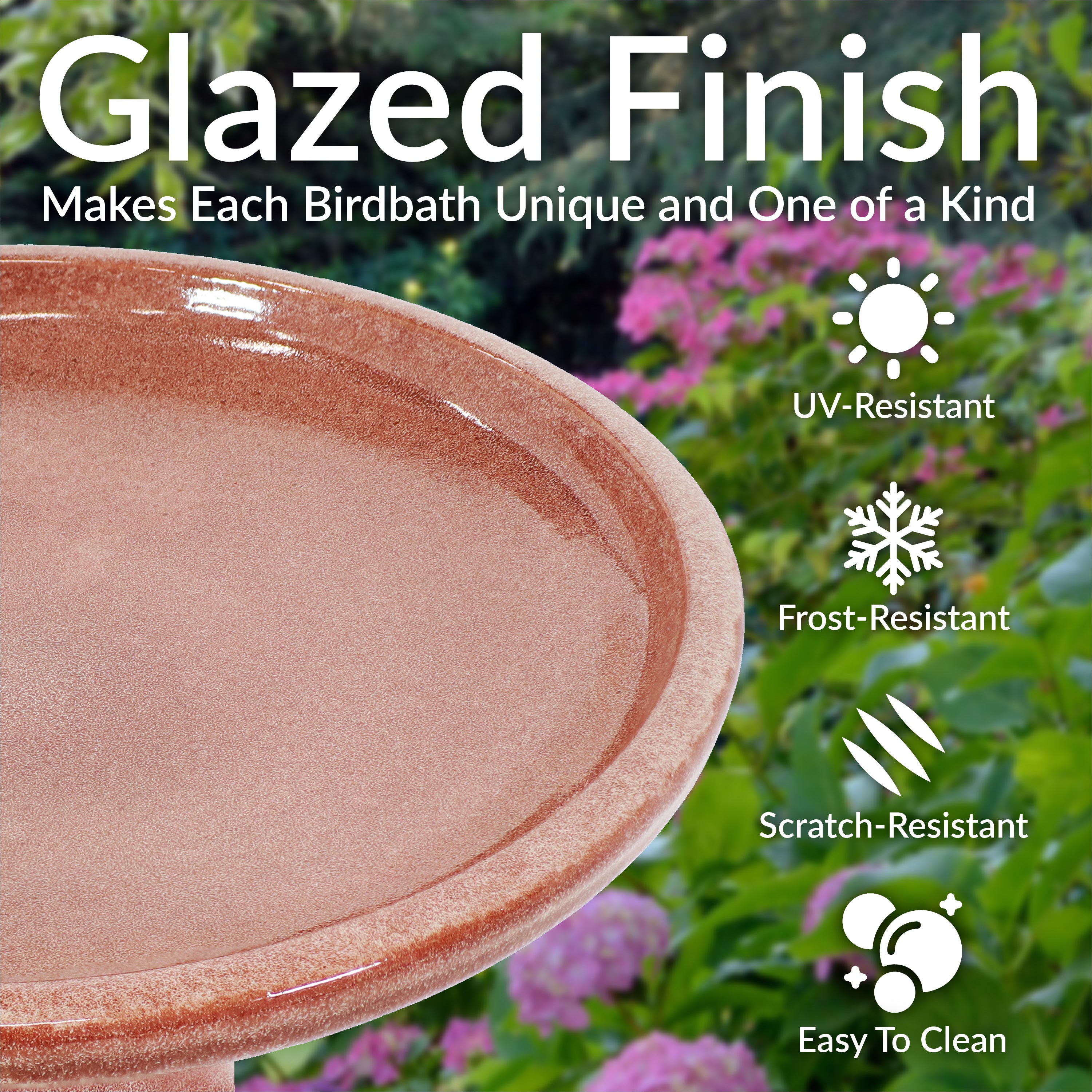 Sunnydaze 18 Inch Glazed Ceramic Outdoor Bird Bath - Garden Decor for Attracting Birds & Enhancing Outdoor Spaces