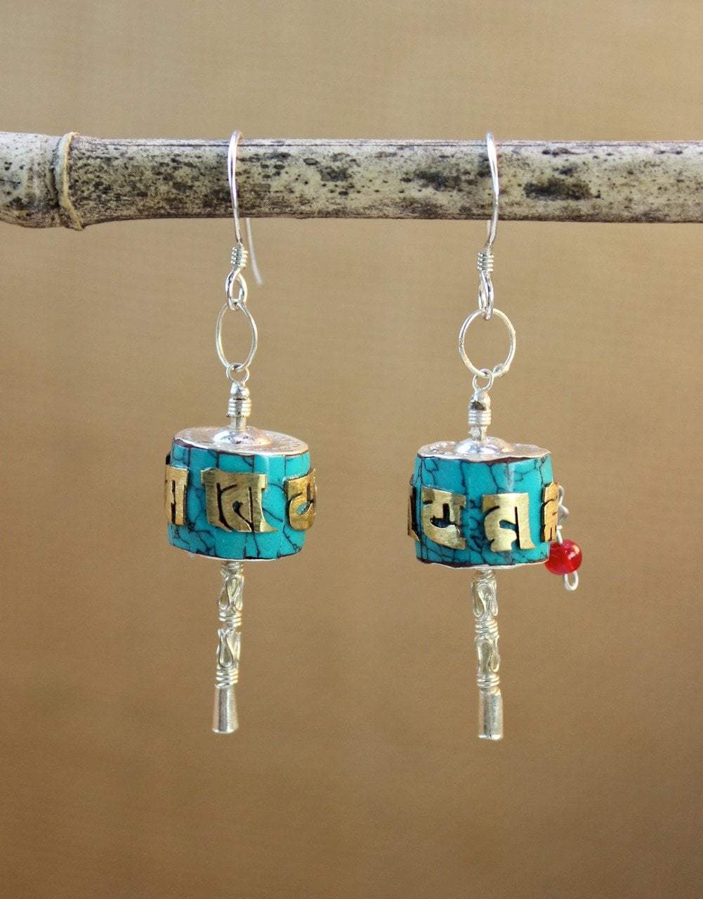 Handmade Tibetan Prayer Wheel Earrings for Women - Spiritual Jewelry for Meditation, Yoga & Buddhist Gifts | Boho Chic Dangle Earrings for Festival & Daily Wear