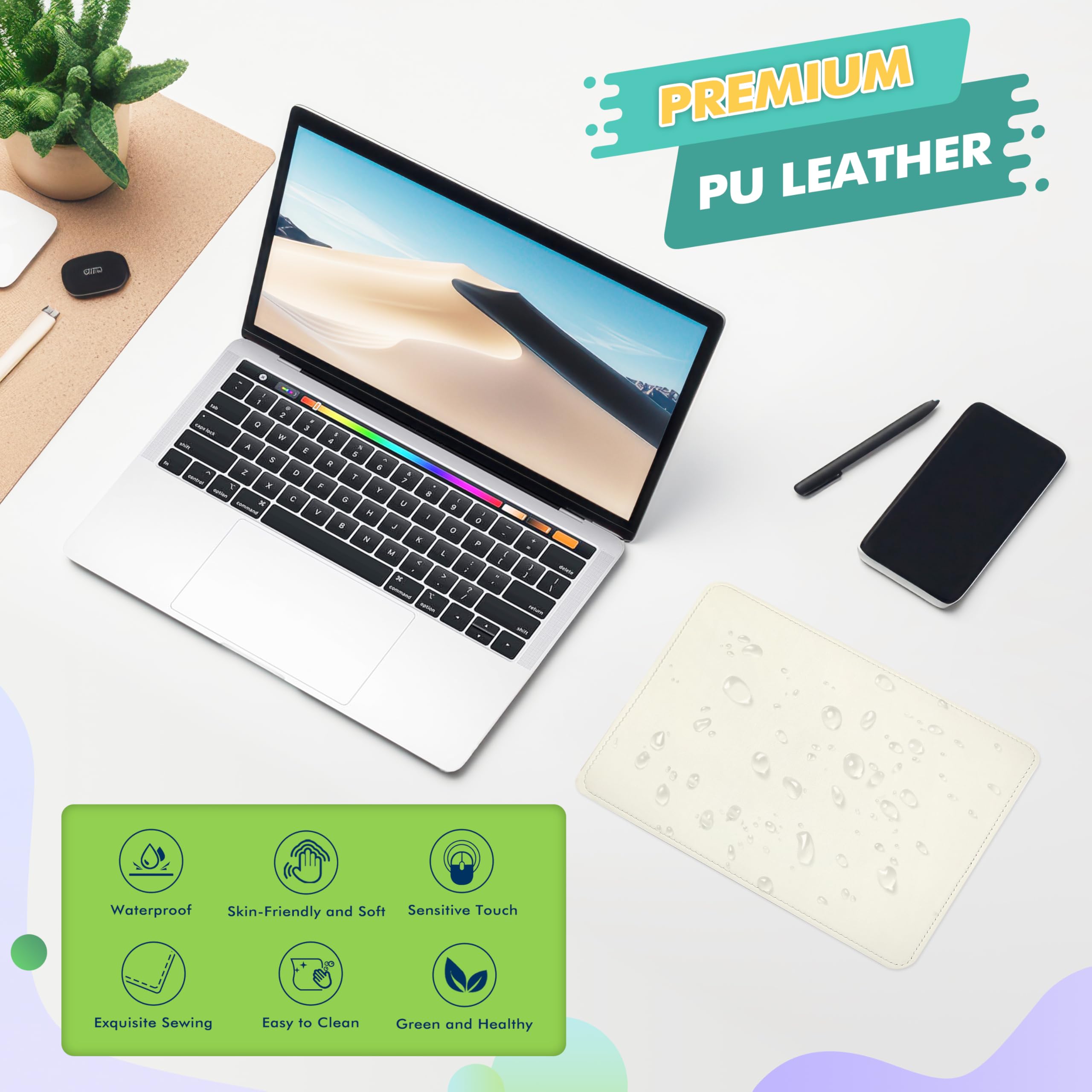 Premium PU Leather Mouse Pad with Stitched Edge - Non-Slip Microfiber Base, Waterproof Desk Mat for Computer & Laptop (8x11 Inch, White) - Perfect for Office, Gaming & Home Workspace