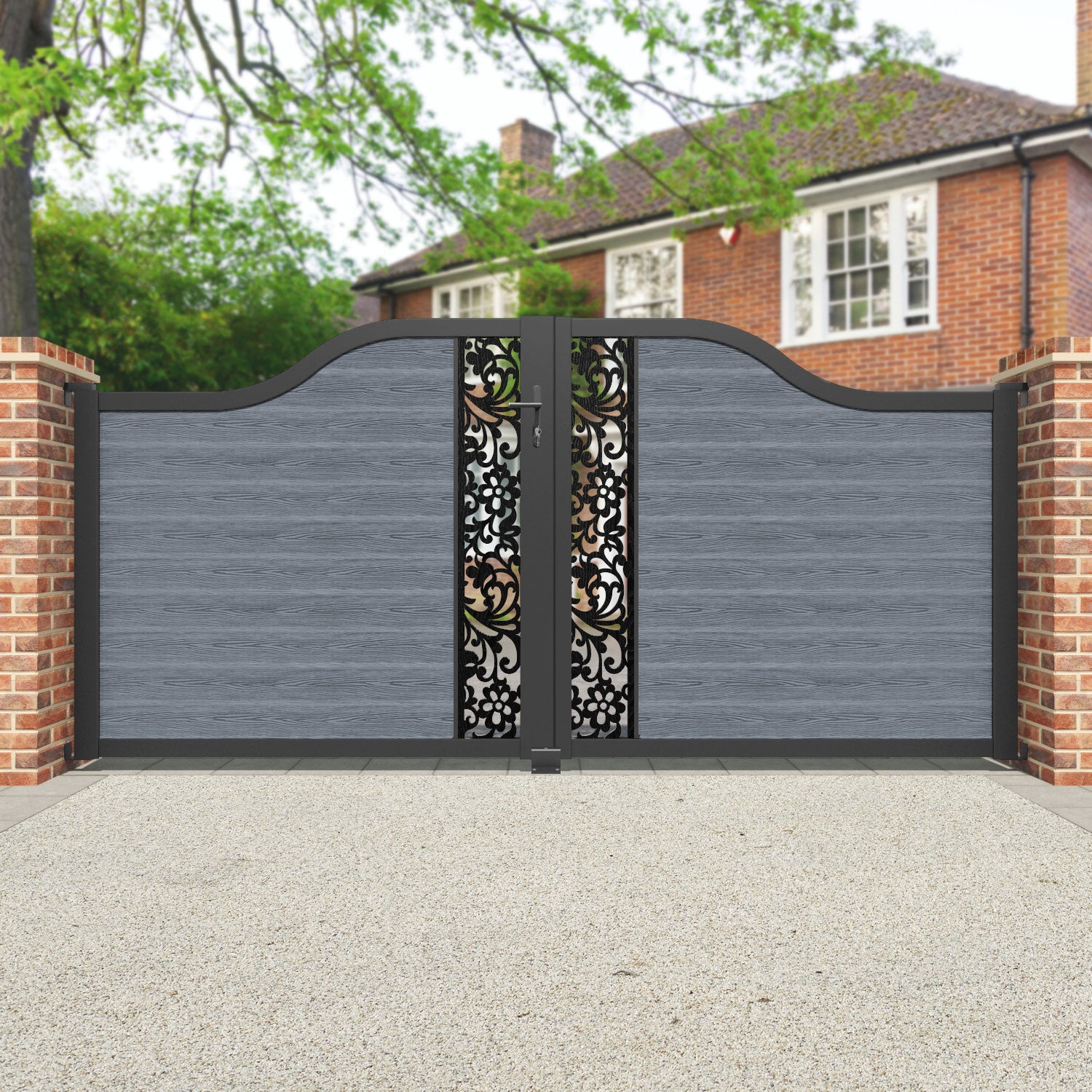 Classic Eden Curved Top Driveway Gate - Anthracite Finish with Middle Screen | Elegant Entryway Solution for Homes & Estates | Perfect for Privacy & Security