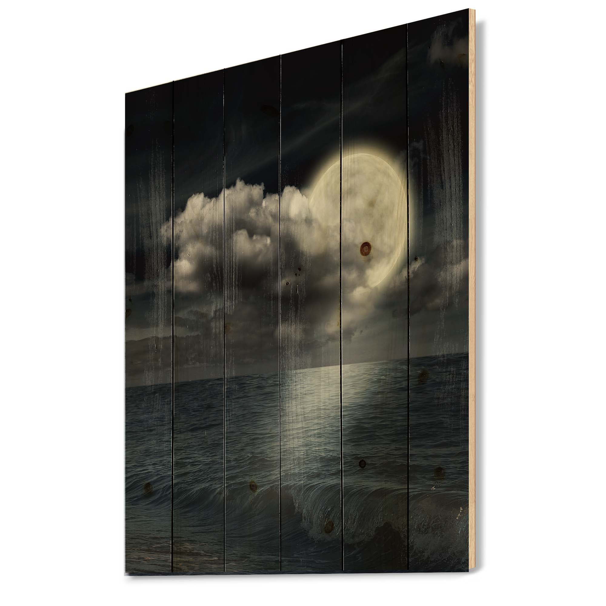 Full Moon Cloudy Night Sky Wood Wall Art - Coastal Decor for Living Room