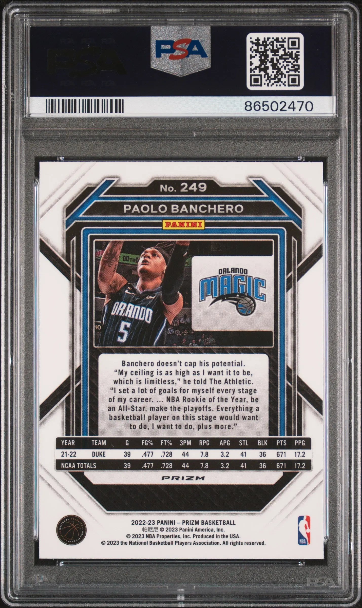 2022 Panini Prizm Basketball Paolo Banchero Rookie Card Fast Break PSA 10 Gem Mint - Perfect for NBA Collectors and Basketball Card Investors