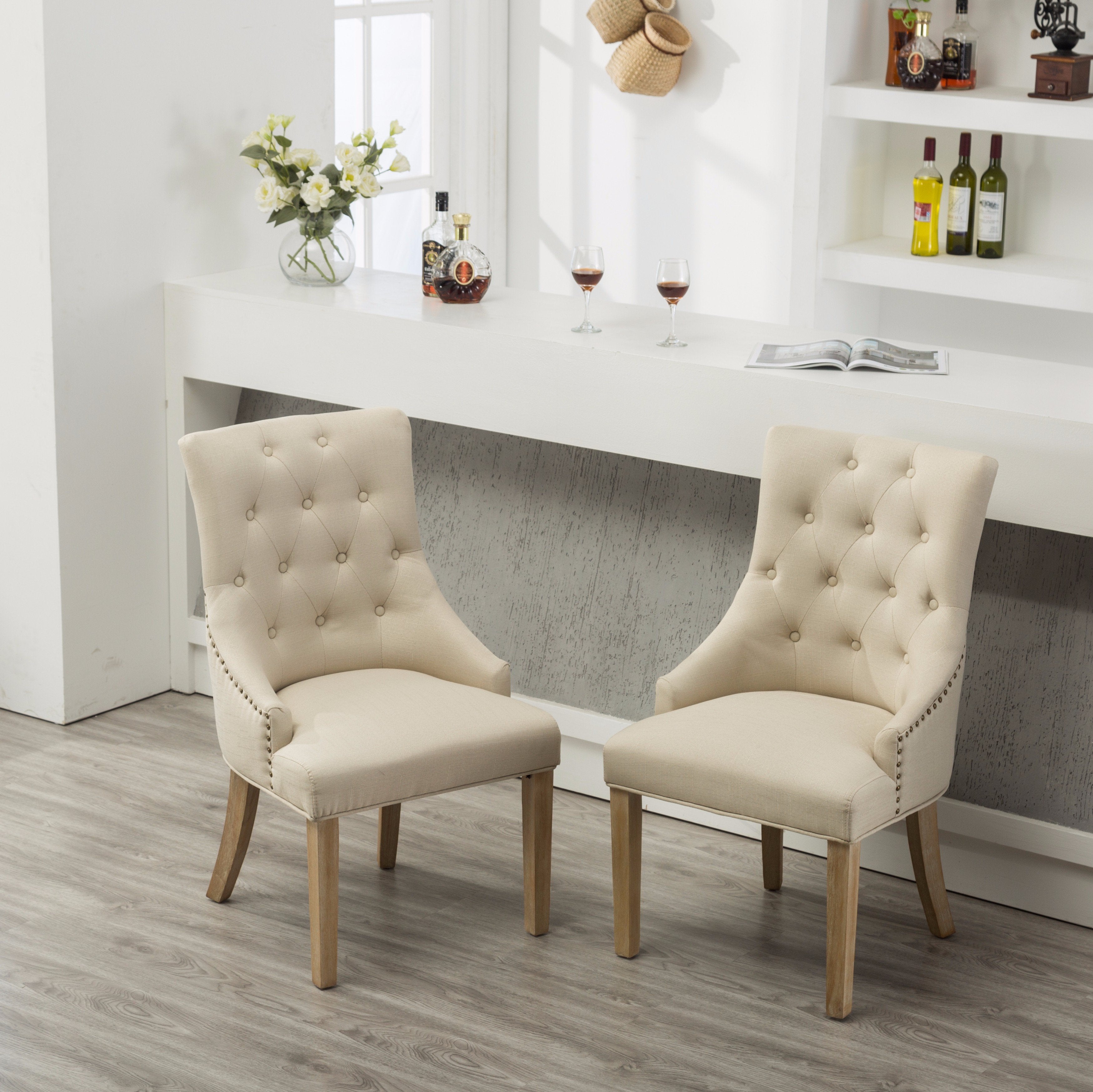 Roundhill Furniture Solid Wood Wingback Hostess Chairs - Button Tufted with Nail Heads, Tan (Set of 2) - Perfect for Dining Room, Living Room or Home Office Decor