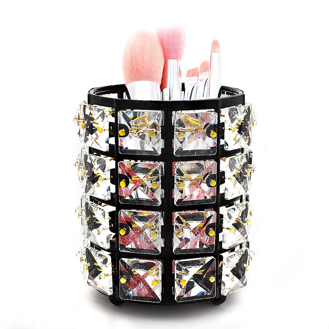 Handmade Crystal Makeup Brush Holder & Eyebrow Pencil Organizer - Stylish Cosmetic Storage for Vanity, Bathroom, Office Desk (Round, Black) | Perfect for Makeup Artists & Beauty Enthusiasts