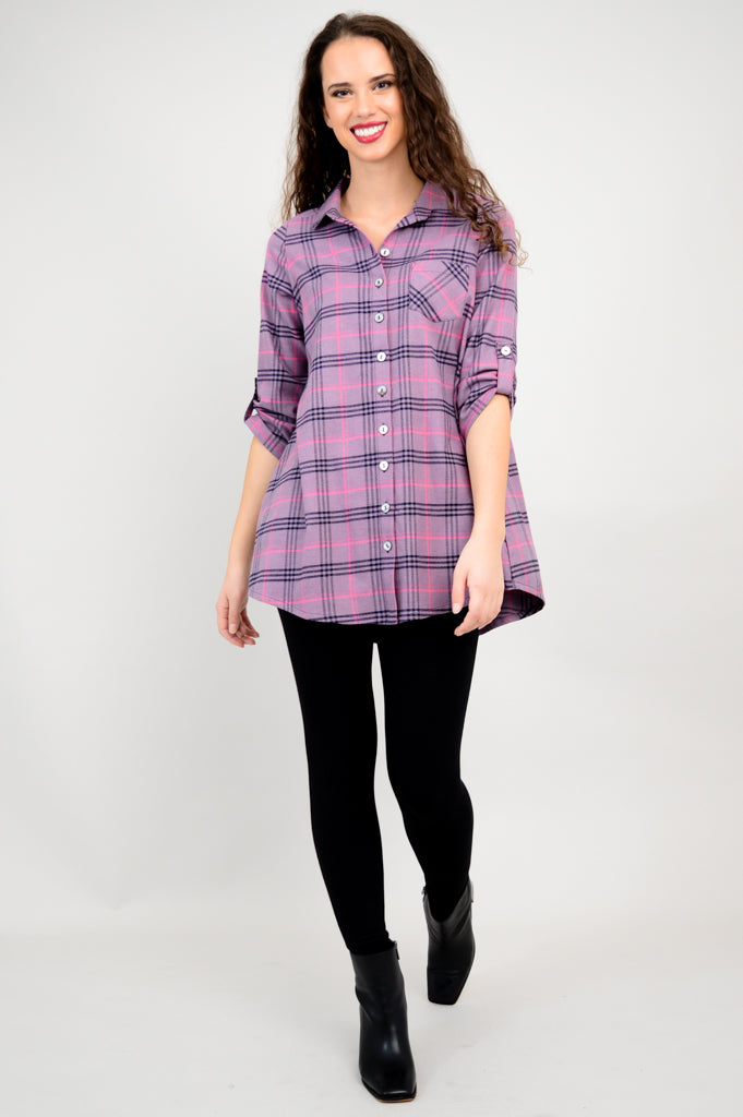Celine Women's Cotton Flannel Tunic Top - Soft Plum Plaid Long Sleeve Shirt for Casual Wear & Fall Layering