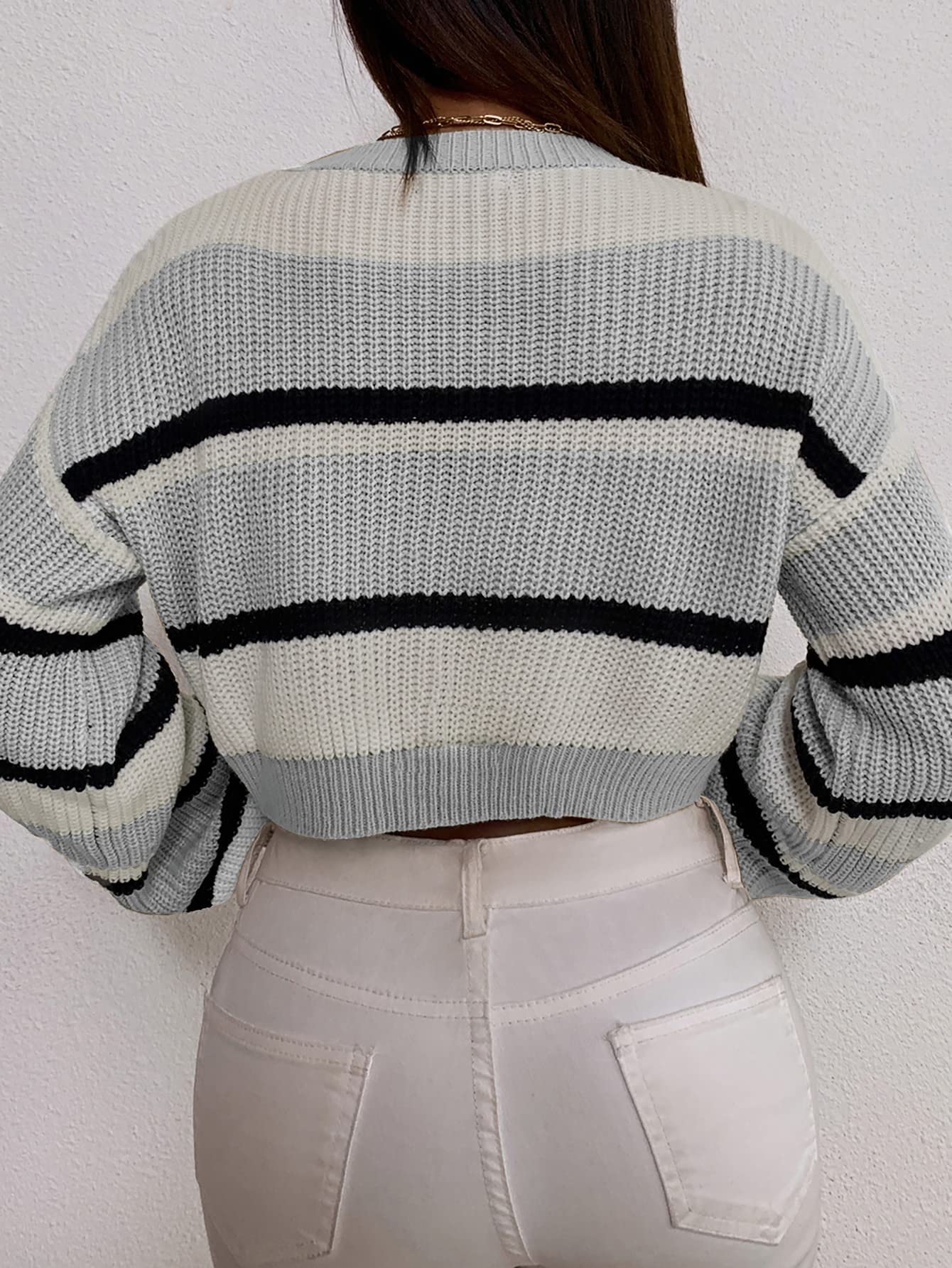 ZAFUL Women's Color Block Striped Cropped Sweater - Crew Neck Lantern Sleeve Loose Knit Top for Casual Wear | Perfect for Fall Outfits, Date Nights & Cozy Layering