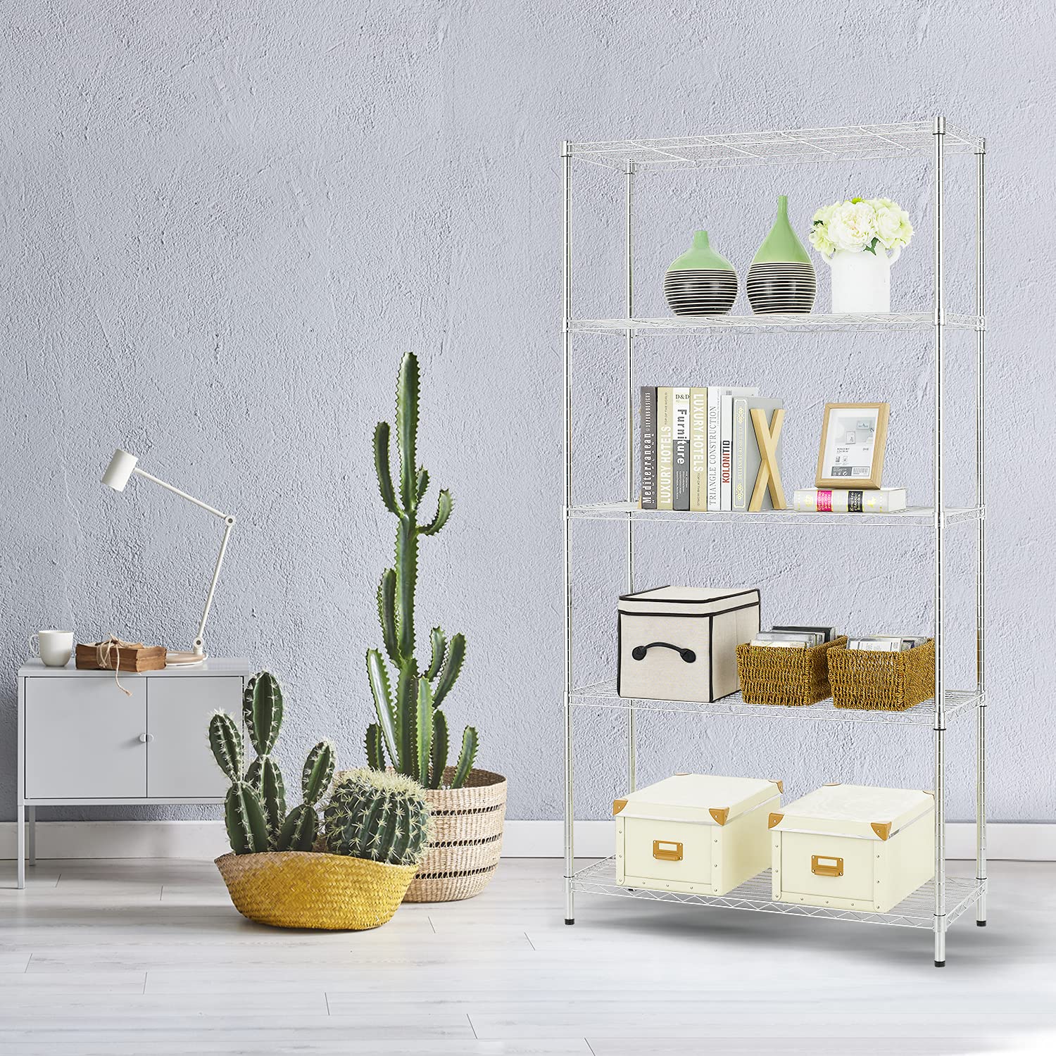 HCY 5-Tier Heavy Duty Metal Shelving Unit, 72x36x14 Inch Adjustable Steel Wire Shelves for Garage, Pantry, Kitchen Storage – Sturdy & Durable Chrome Finish – Perfect for Organizing Tools, Food Supplies, and Household Items