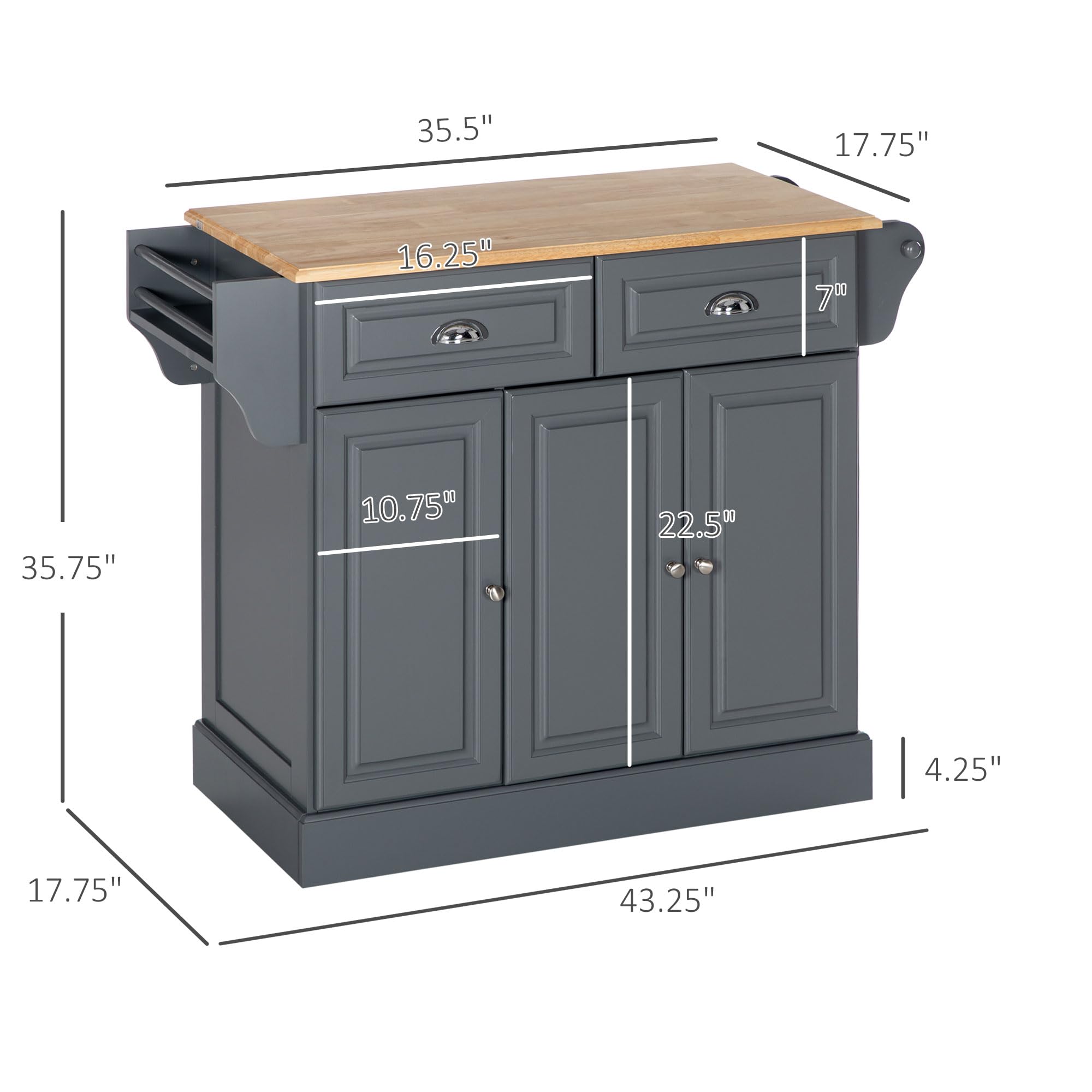 HOMCOM 3-Tier Rolling Kitchen Island with Drawers, Wood Countertop & Spice Rack - Mobile Storage Cabinet for Small Spaces, Dark Gray - Perfect for Apartments, Dorms & Compact Kitchens