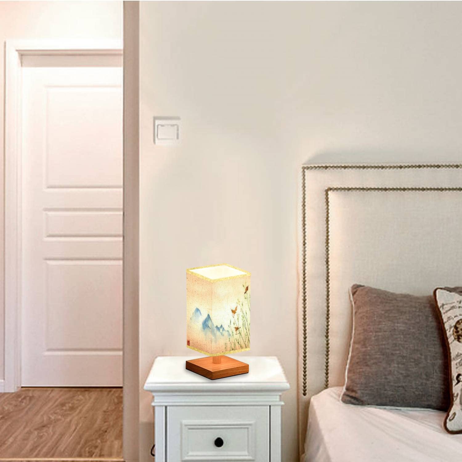 Square Bedside Table Lamp with Birds & Tree Branches Design - Traditional Wooden Base, Flaxen Fabric Shade, Dimmable Nightstand Lamp for Bedroom & Living Room - Perfect for Reading, Relaxing & Creating Cozy Ambiance