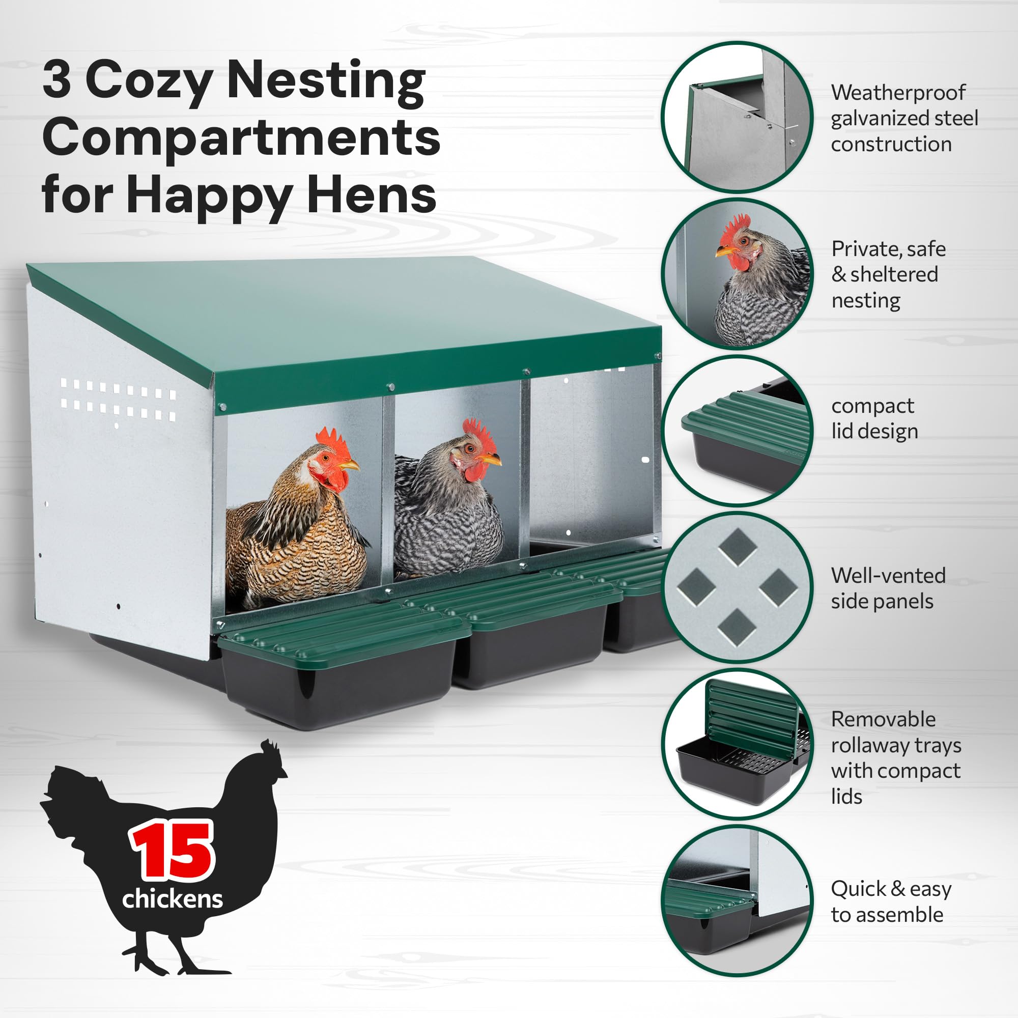 3 Compartment Hen & Chicken Nesting Box with Rollout Rollaway Design & Protective Egg Collection Lids - Perfect for Backyard Coops, Poultry Farms & Egg Laying Stations