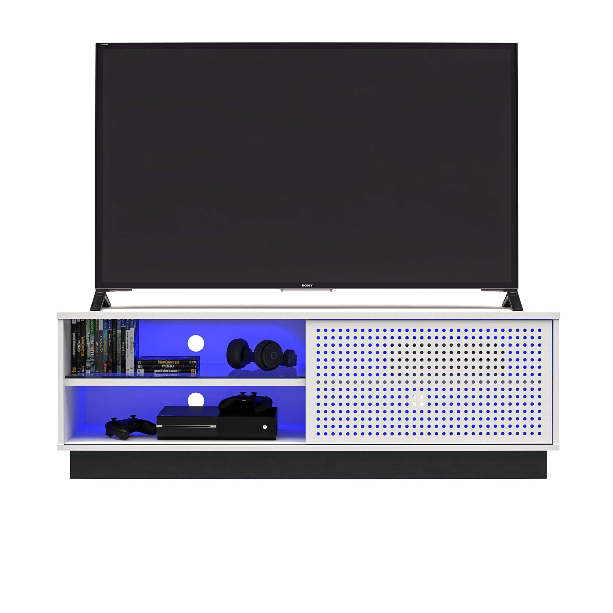 NTENSE Glitch Gaming TV Stand for 60 Inch TVs - Modern Entertainment Center with LED RGB Lights & Wire Management - Perfect for Man Cave, Game Room & Play Room - Durable Metal TV Stand in White