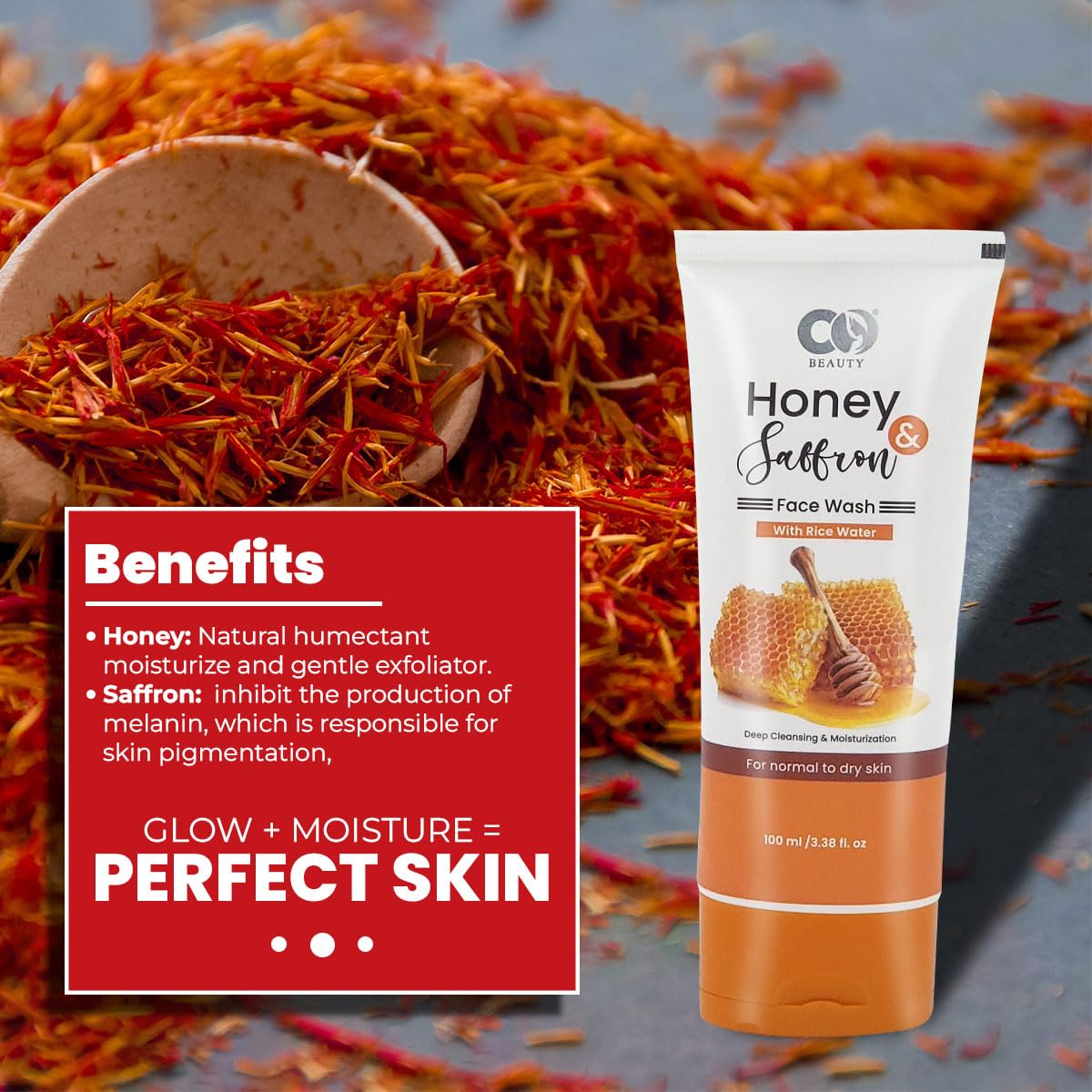 CO BEAUTY Saffron Honey Face Wash with Rice Water - Natural Daily Facial Cleanser for Glowing Skin | Brightening & Nourishing Formula with Glycerin | 200ml (Pack of 2) | Perfect for Morning & Night Skincare Routine
