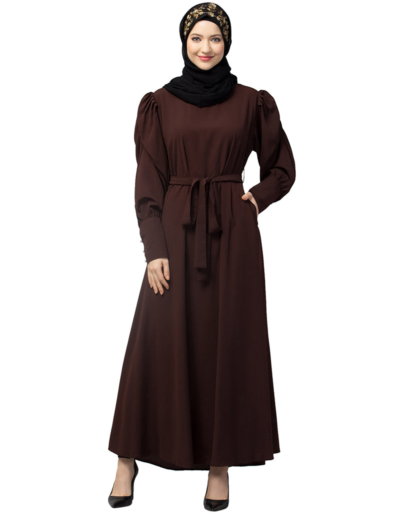 Elegant Arabic Long Cuff Gathered Puffed Sleeve Brown Abaya Dress for Women | Modest Islamic Clothing | Perfect for Prayer, Eid, Wedding & Special Occasions