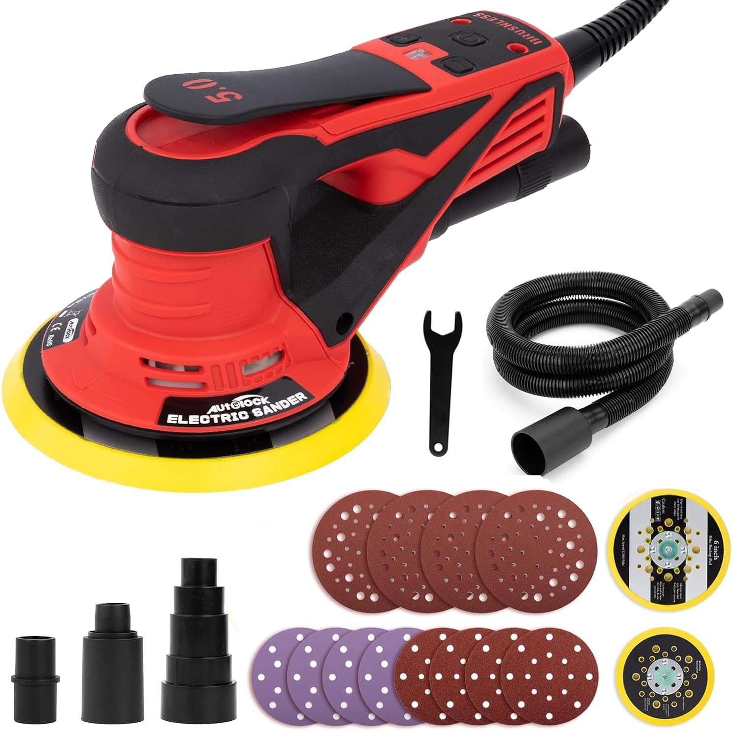 Autolock Electric Random Orbital Sander - 350W Brushless Motor with 5 & 6 Inch Pads, 10000RPM Palm Sander for Woodworking, Sanding & Polishing (Red) - Perfect for DIY Projects, Furniture Refinishing & Auto Body Work